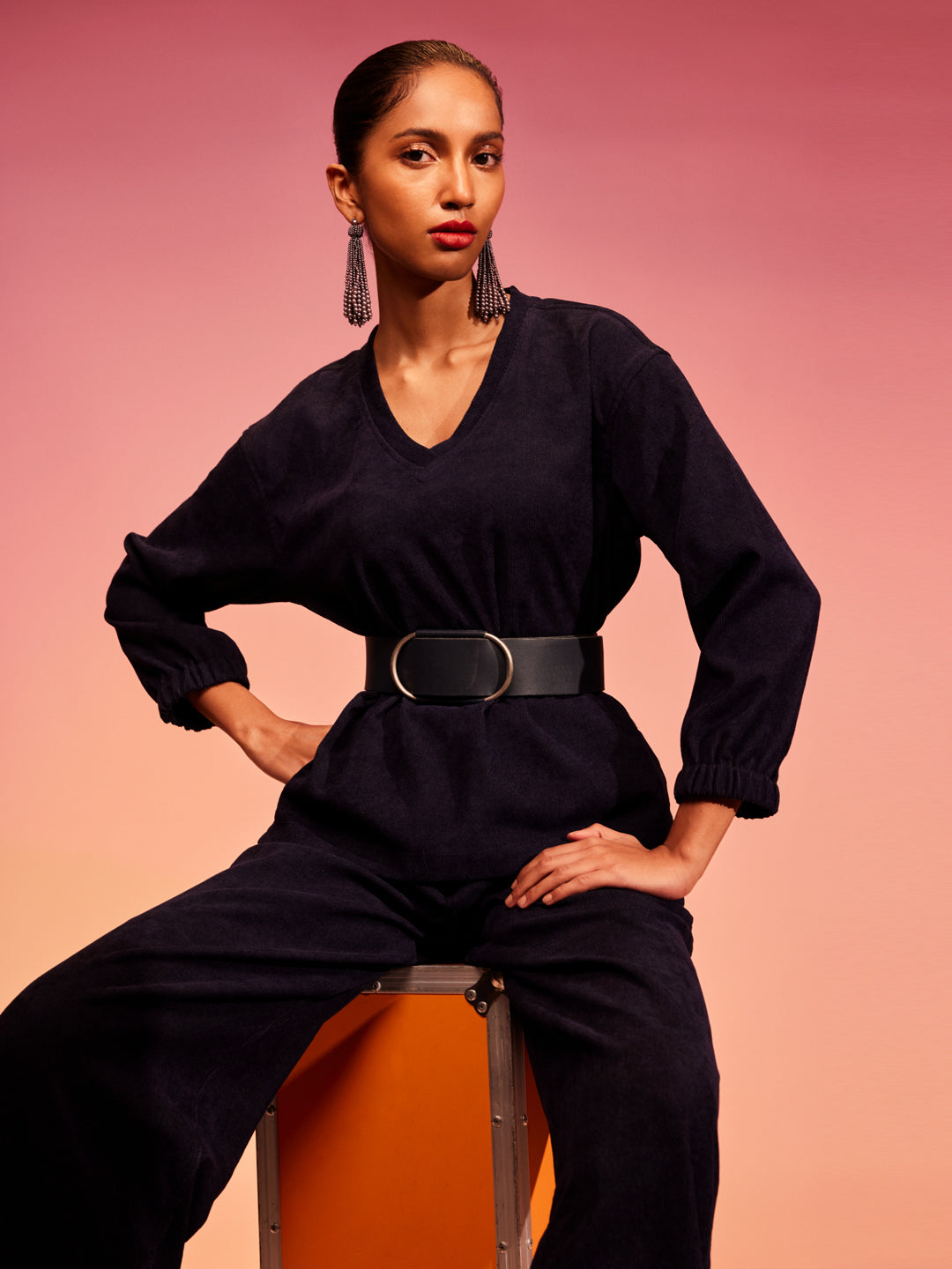 CORDUROY DROP SHOULDER SWEATSHIRT W/ ELASTICATED CUFFS