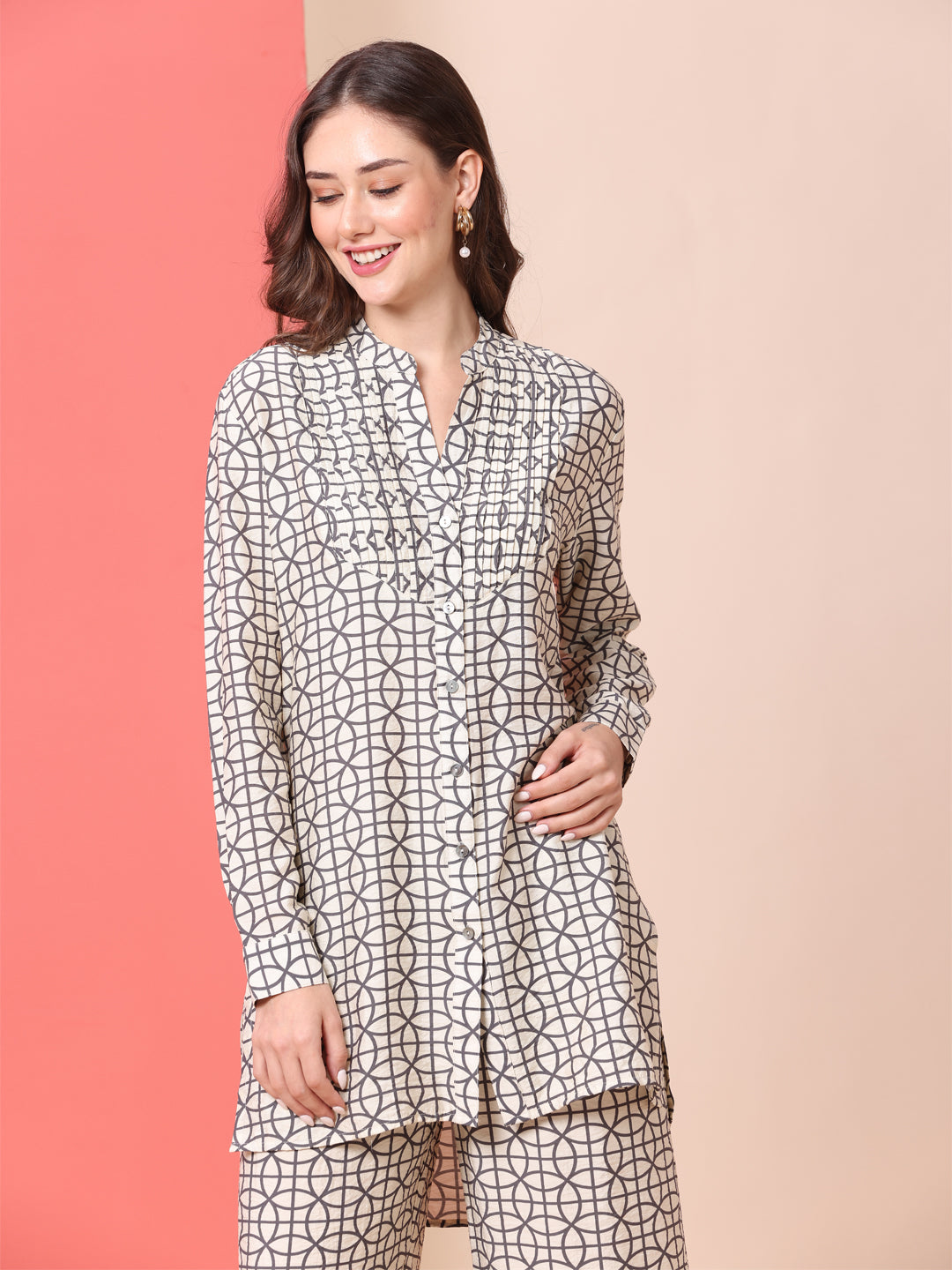 HAMMERED SATIN PLEATED YOKE LONGLINE SHIRT & FLARED PULL ON PJ'S CO-ORD SET