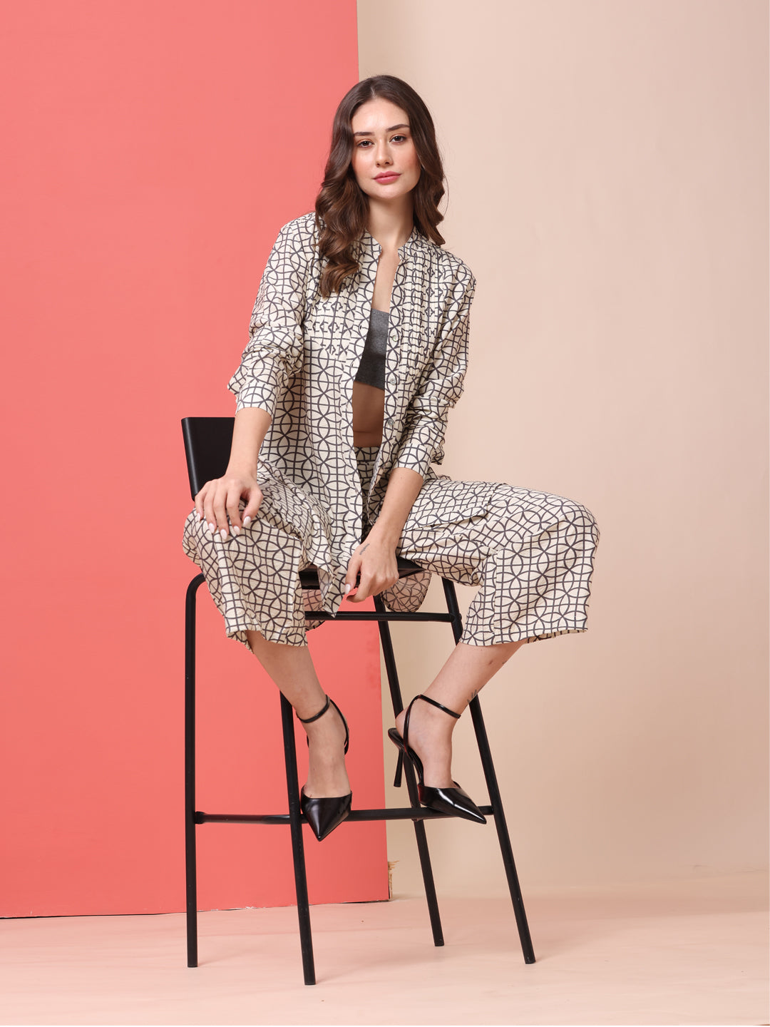 HAMMERED SATIN PLEATED YOKE LONGLINE SHIRT & FLARED PULL ON PJ'S CO-ORD SET