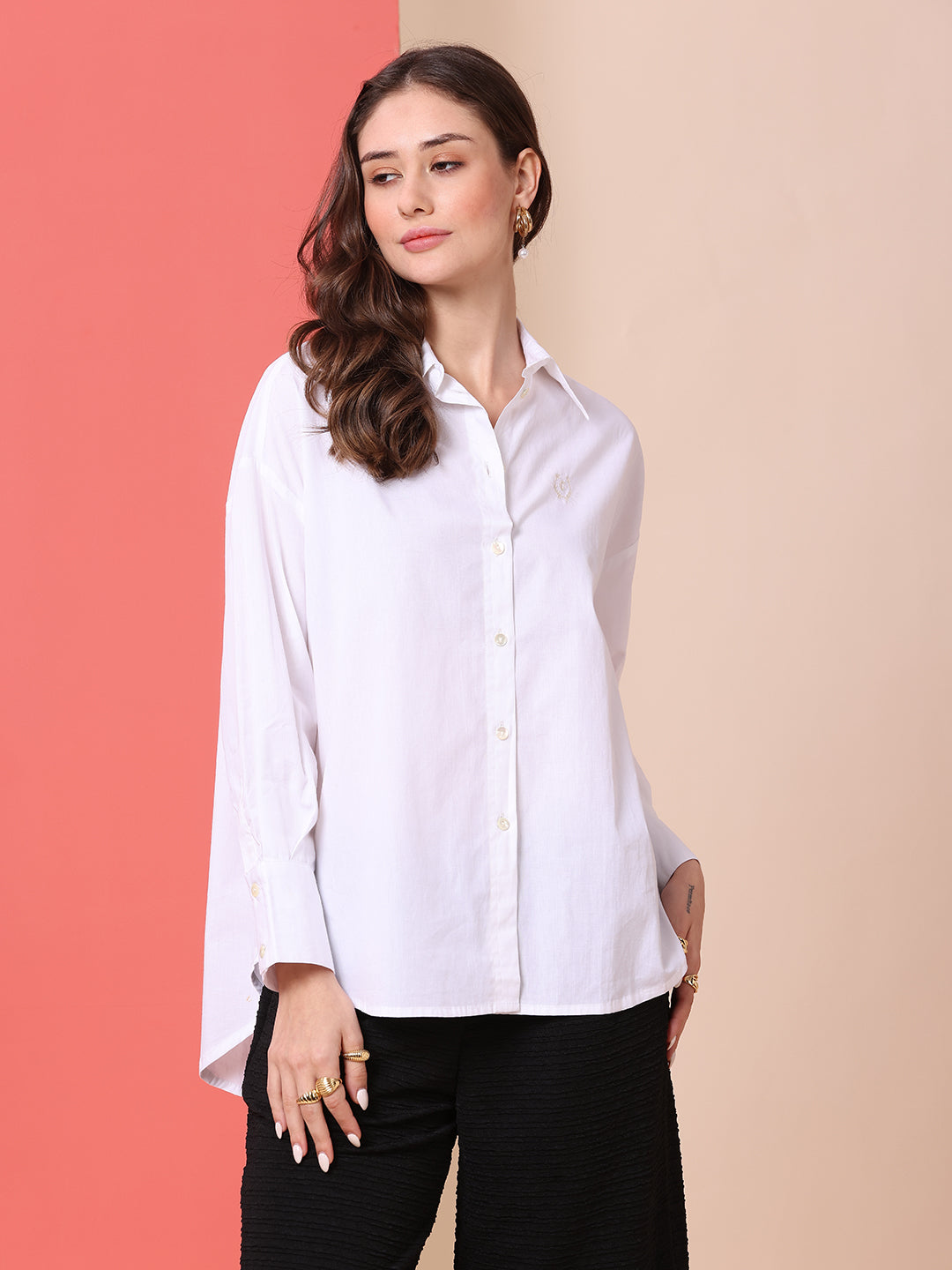 POPLIN DROP SHOULDER OVERSIZED SHIRT W/ HI-LOW HEM