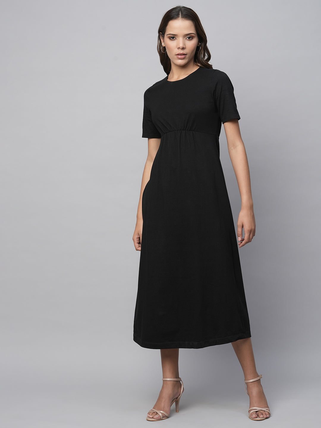 Cotton Jersey Basque Midi Length Black Dress