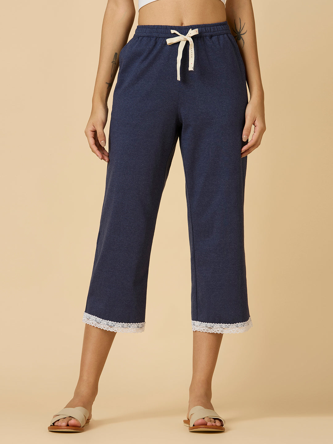 NAVY MELANGE LACE TRIMMED PJ'S