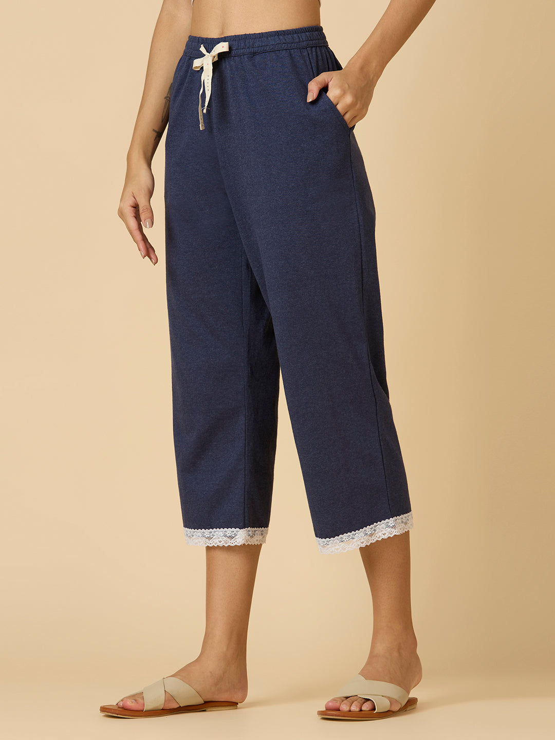 NAVY MELANGE LACE TRIMMED PJ'S