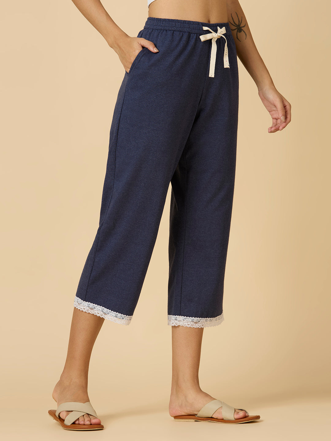 NAVY MELANGE LACE TRIMMED PJ'S