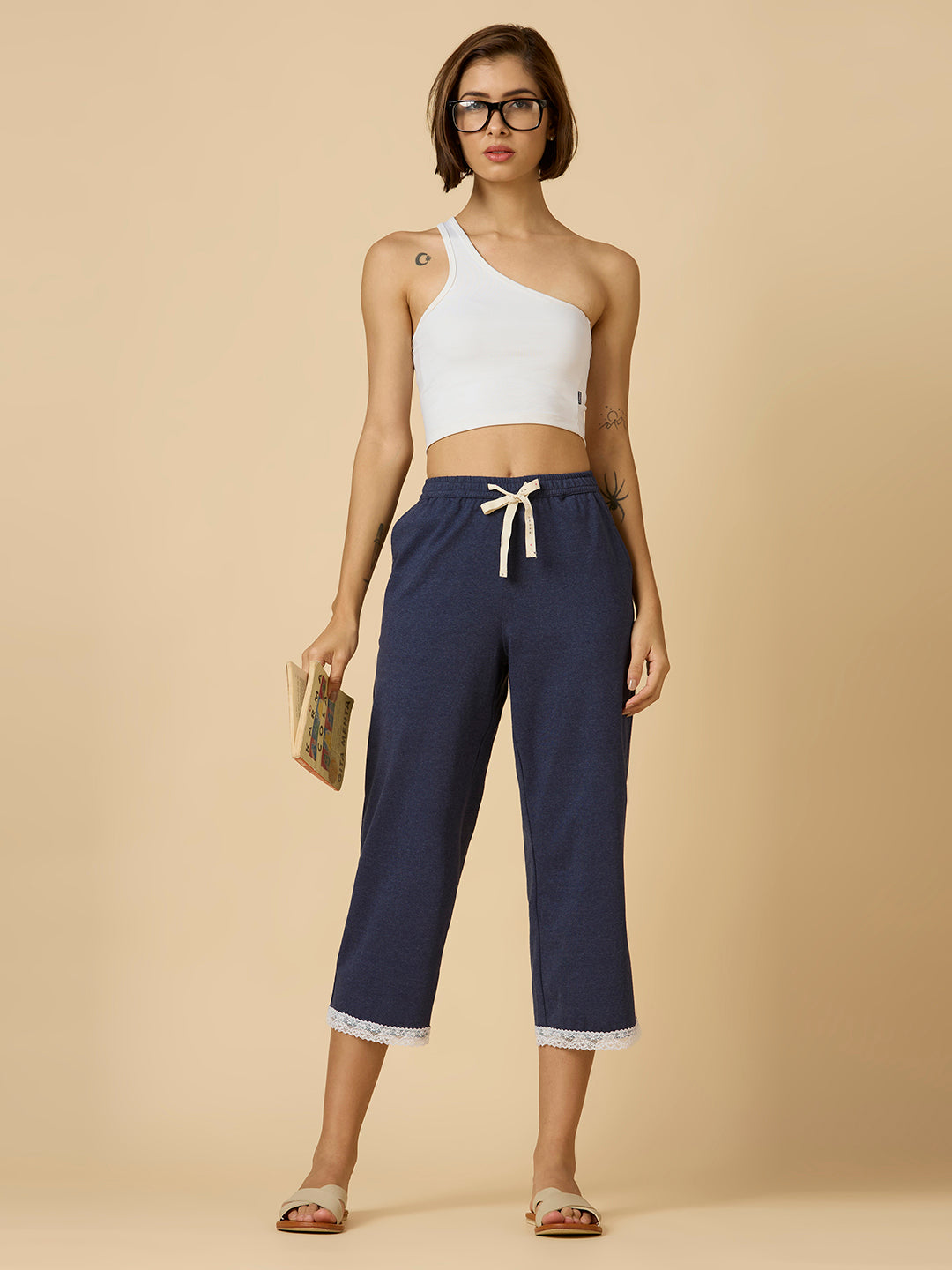 NAVY MELANGE LACE TRIMMED PJ'S