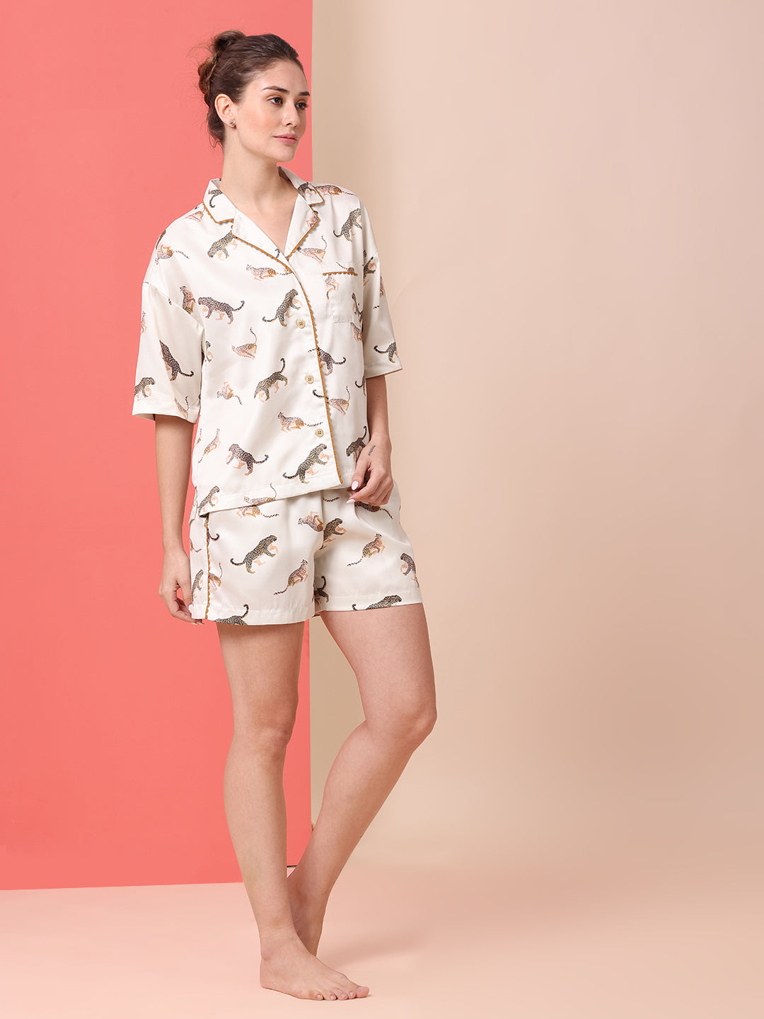 LEOPARD PRINTED SATIN DROP SHOULDER NIGHTSUIT W/ RIC RAC TRIMMING