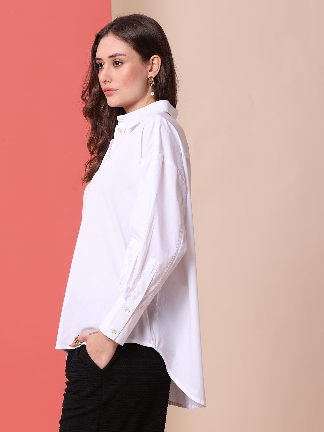POPLIN DROP SHOULDER OVERSIZED SHIRT W/ HI-LOW HEM