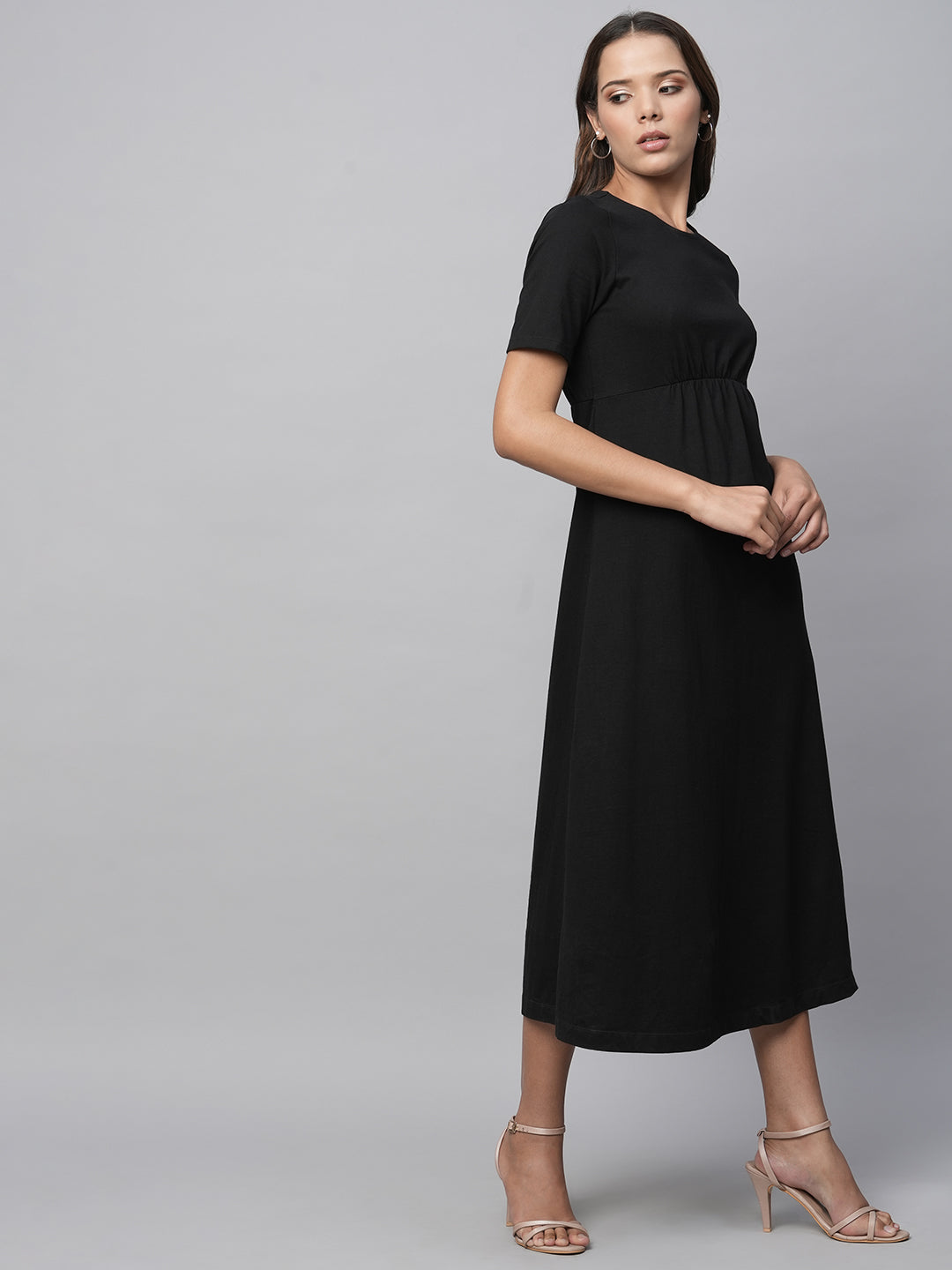 Cotton Jersey Basque Midi Length Black Dress