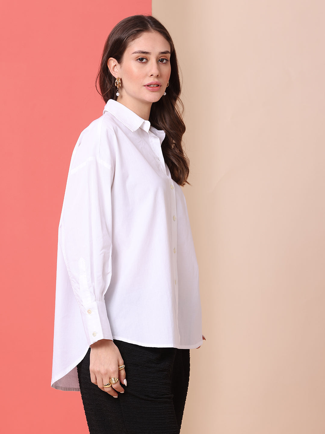 POPLIN DROP SHOULDER OVERSIZED SHIRT W/ HI-LOW HEM