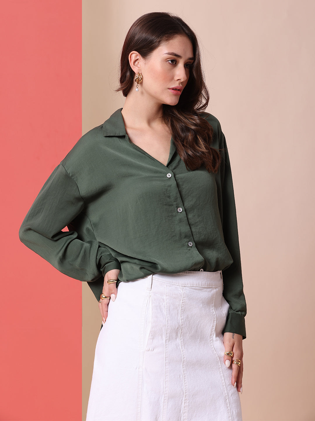 HAMMERED SATIN OVERSIZED DROP SHOULDER FLUID SHIRT