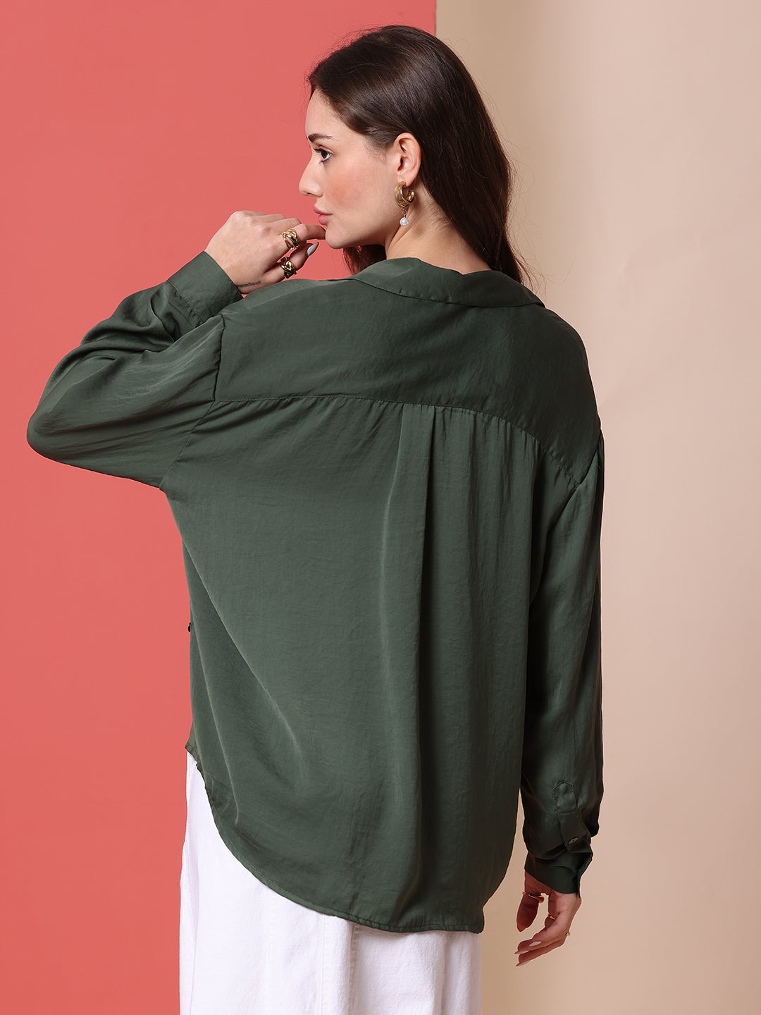 HAMMERED SATIN OVERSIZED DROP SHOULDER FLUID SHIRT