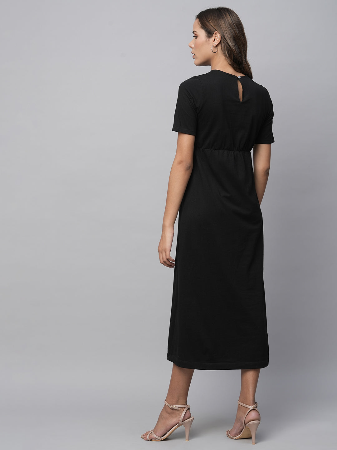 Cotton Jersey Basque Midi Length Black Dress