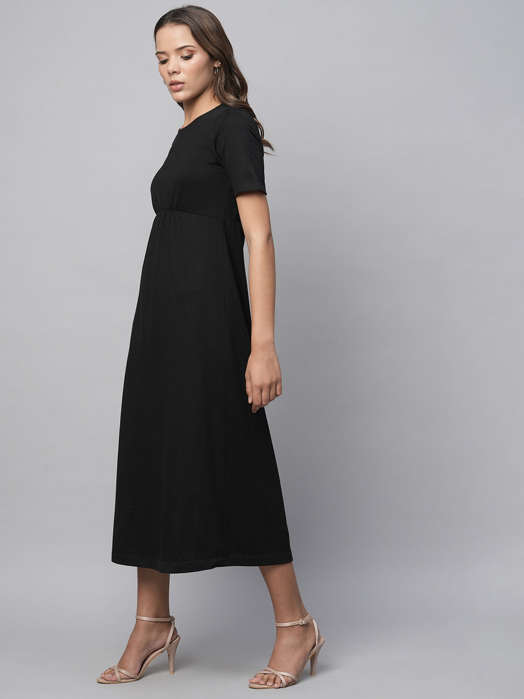 Cotton Jersey Basque Midi Length Black Dress