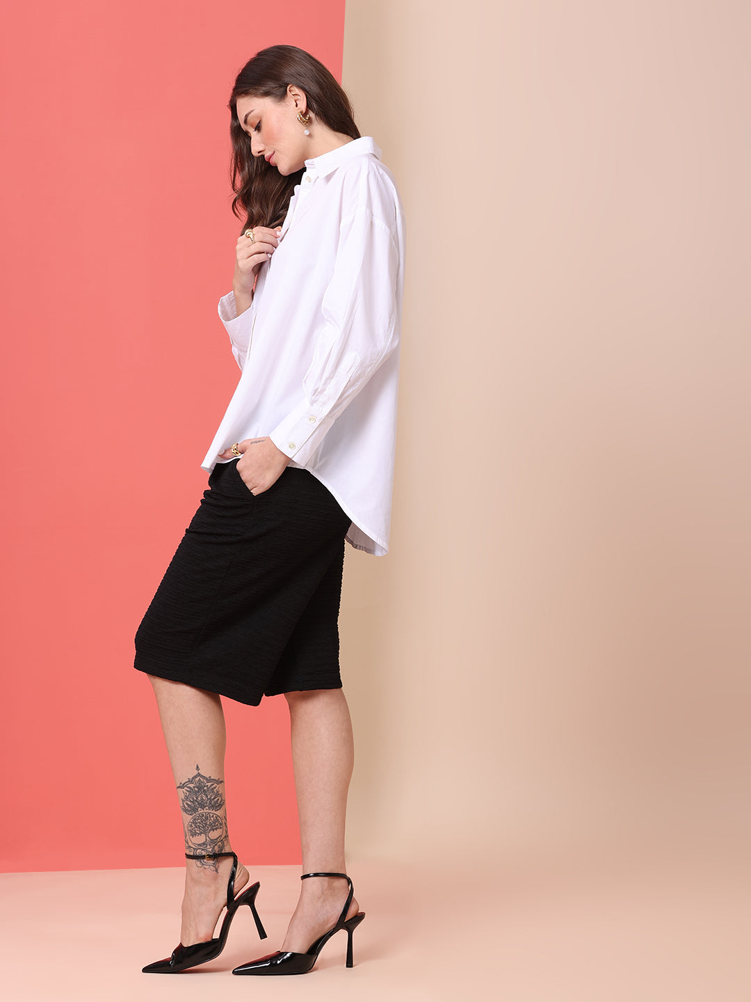 POPLIN DROP SHOULDER OVERSIZED SHIRT W/ HI-LOW HEM