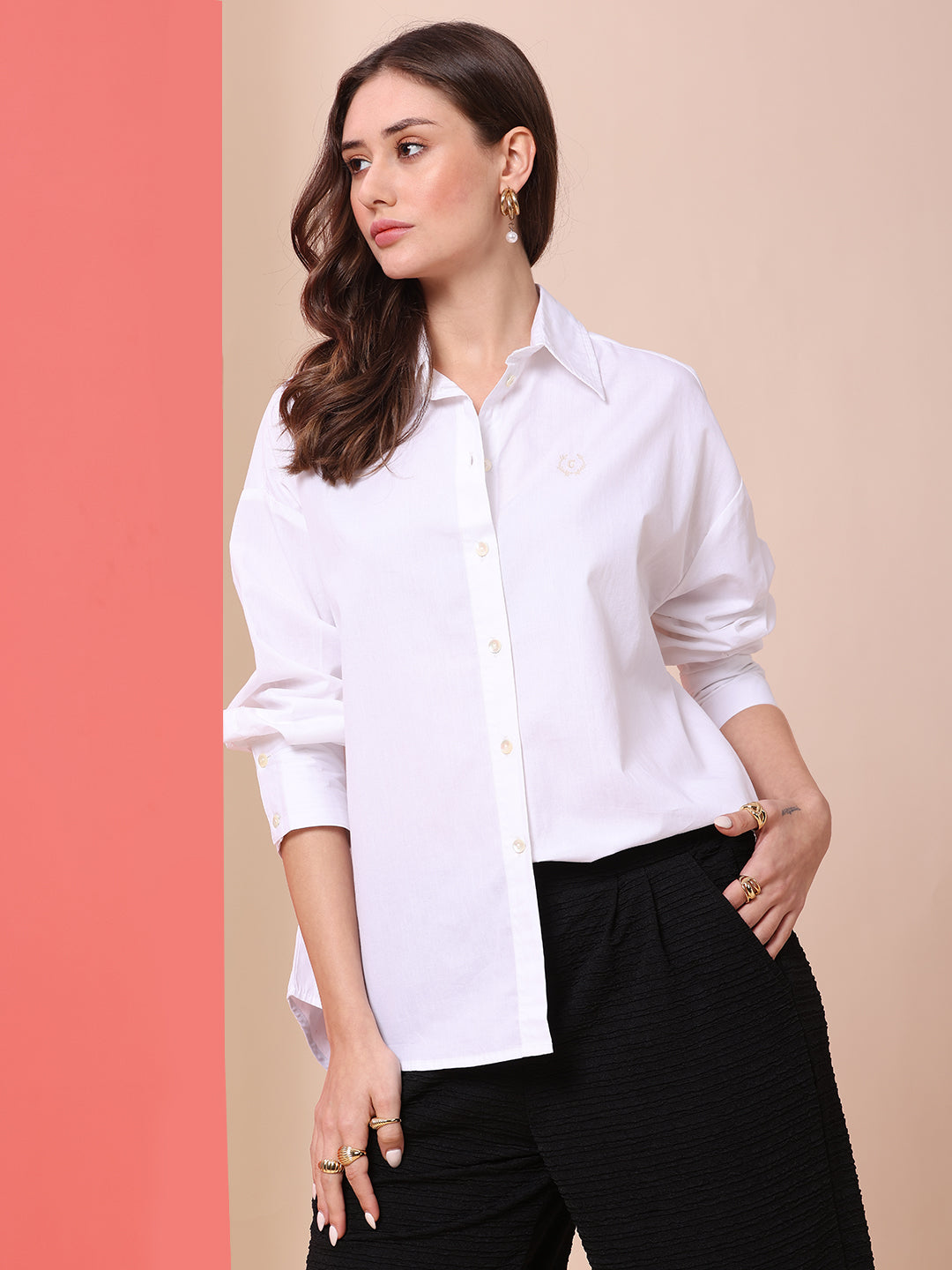 POPLIN DROP SHOULDER OVERSIZED SHIRT W/ HI-LOW HEM