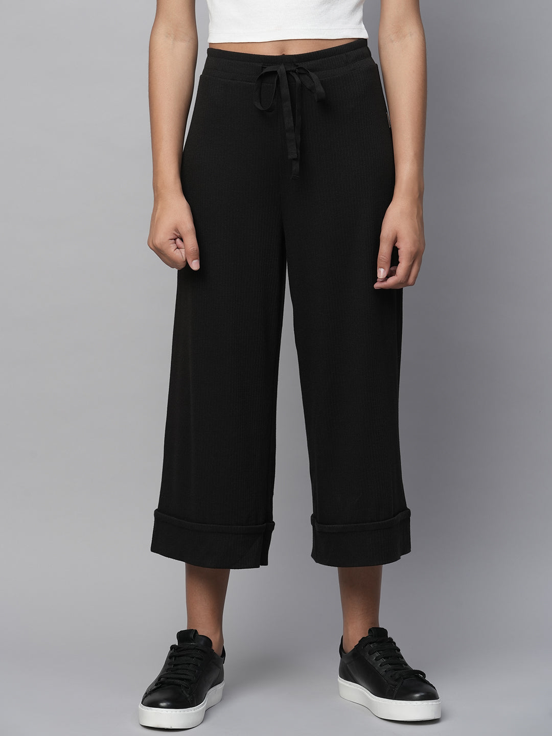 Ribbed Knit Wide Leg Cropped Lounge Pants With A Cuffed Hemline