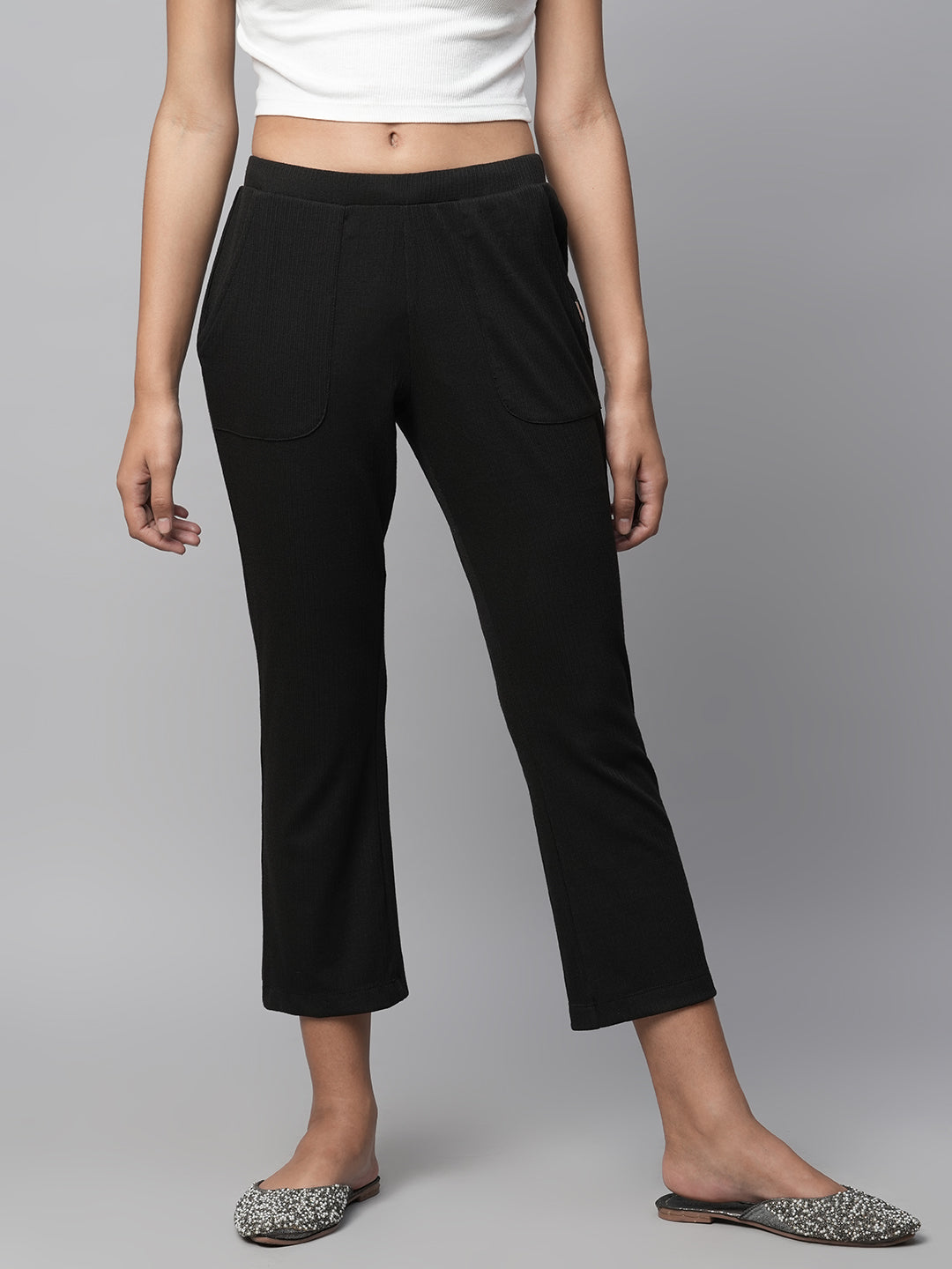 Ribbed Knit Pull On Slim Leg Cropped Lounge Pants