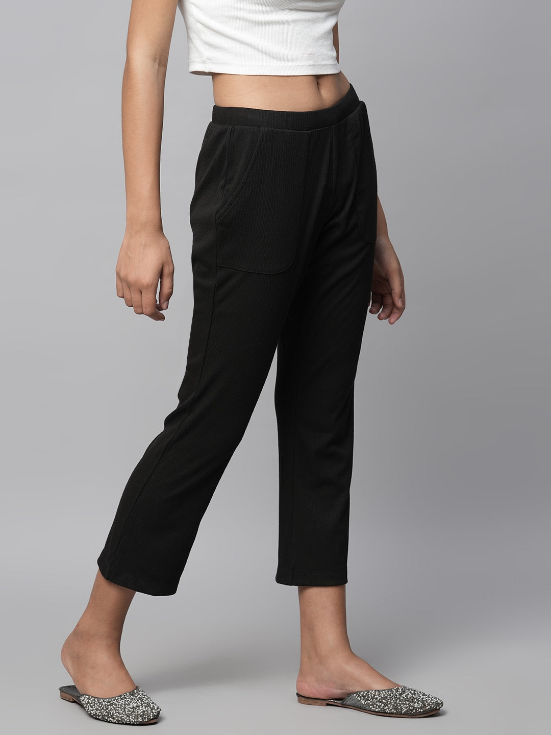 Ribbed Knit Pull On Slim Leg Cropped Lounge Pants