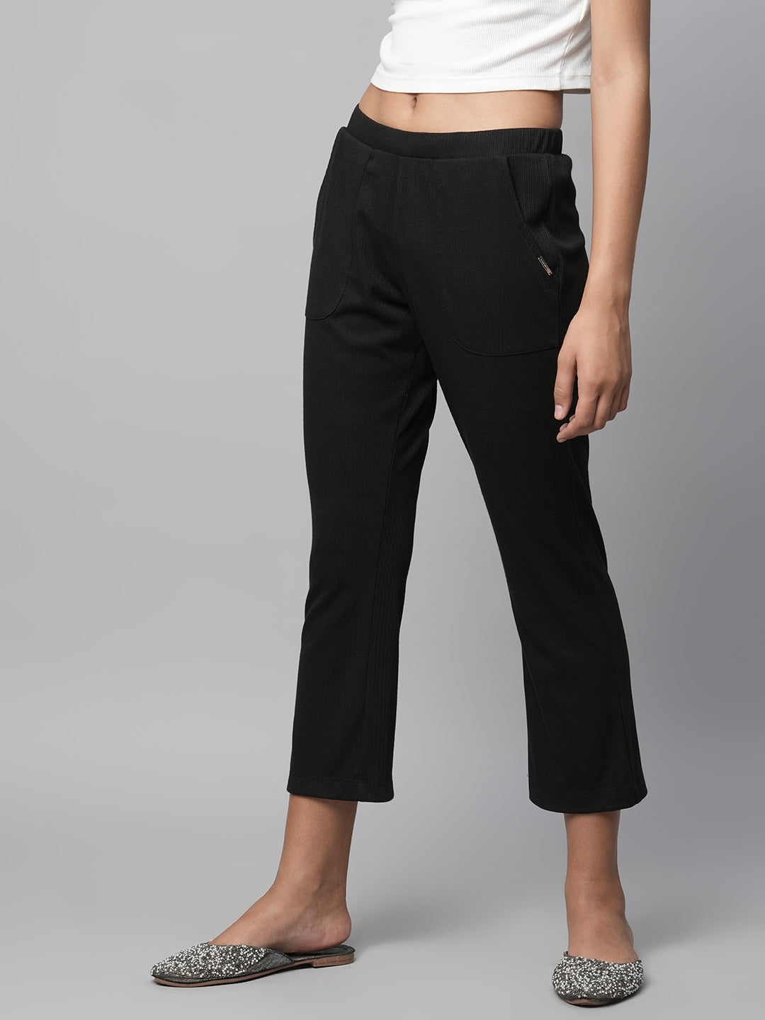 Ribbed Knit Pull On Slim Leg Cropped Lounge Pants