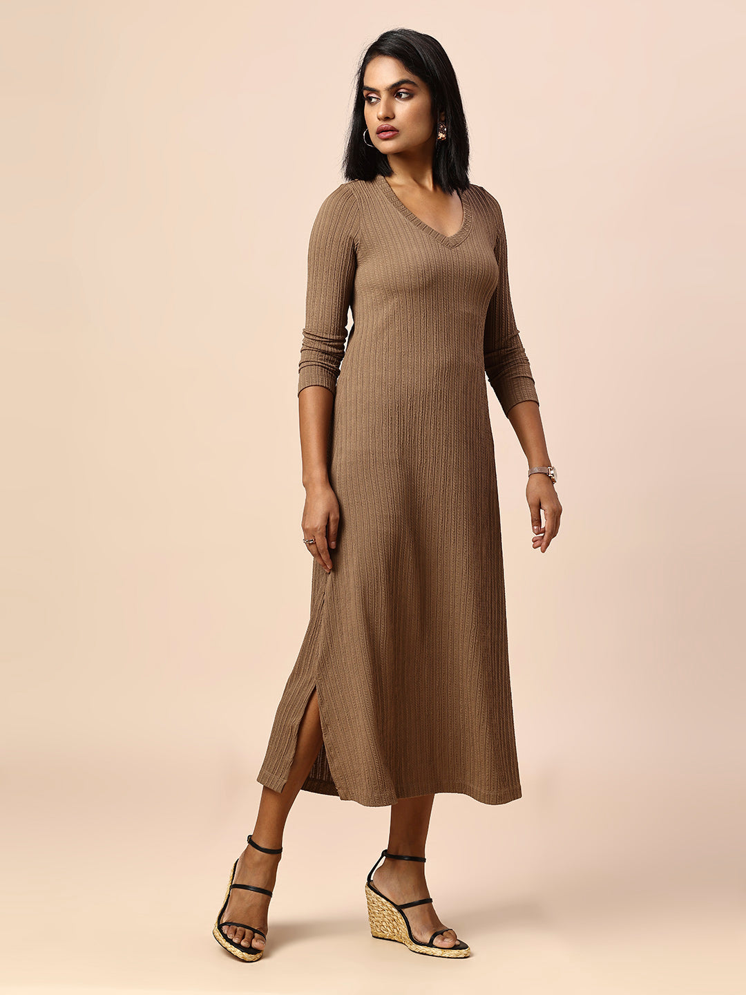 TEXTURED KNIT A-LINE DRESS W/ SIDE SLITS