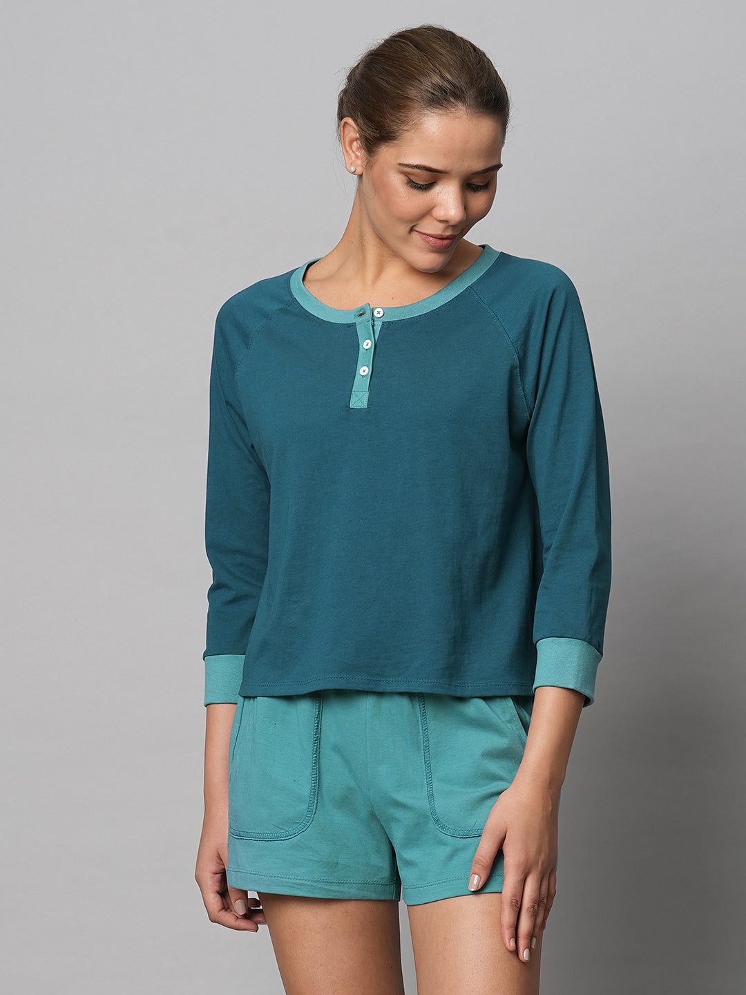 Colour Blocked Cotton Jersey Henley Tee W/ Shorts Set