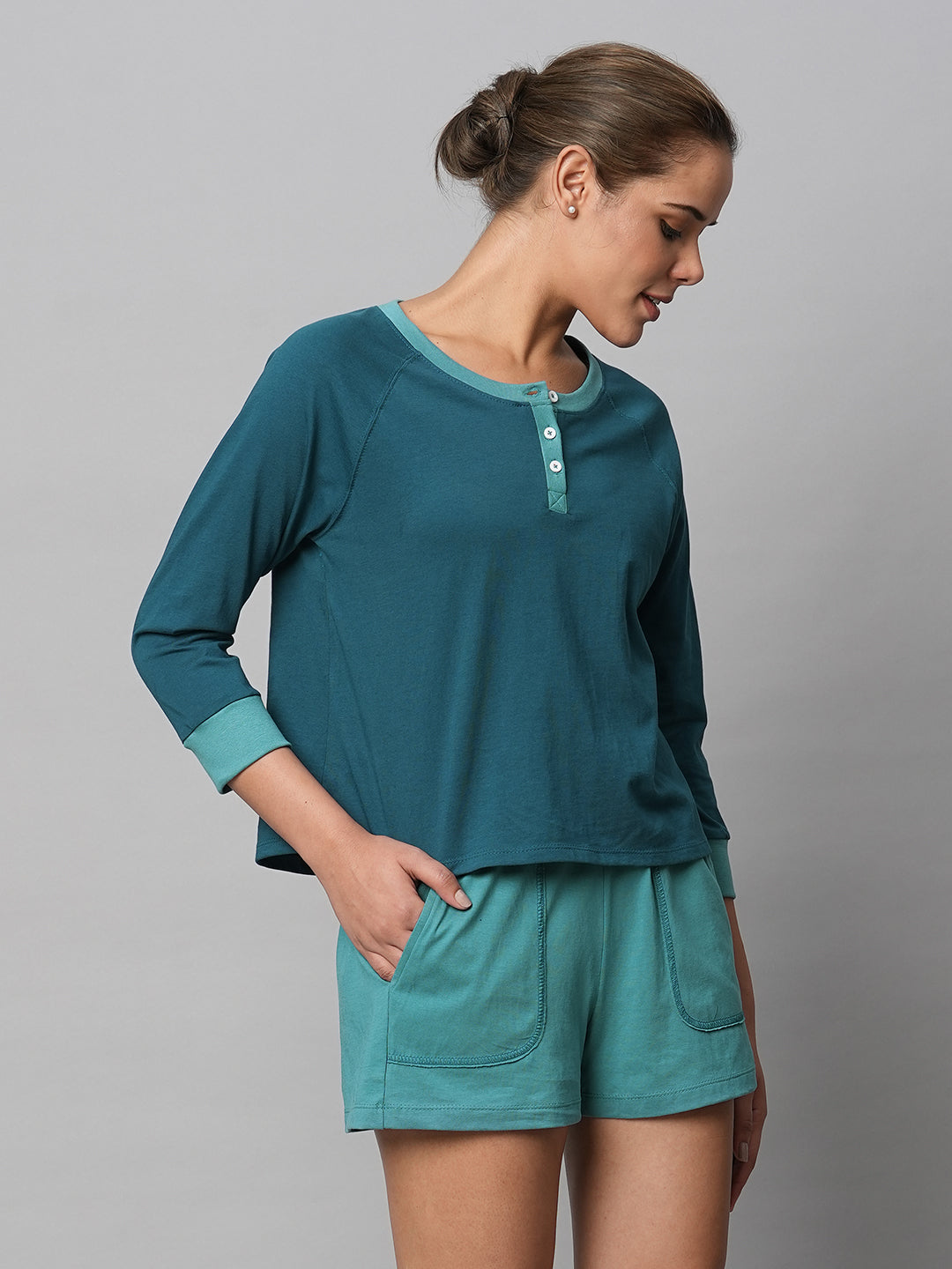 Colour Blocked Cotton Jersey Henley Tee W/ Shorts Set