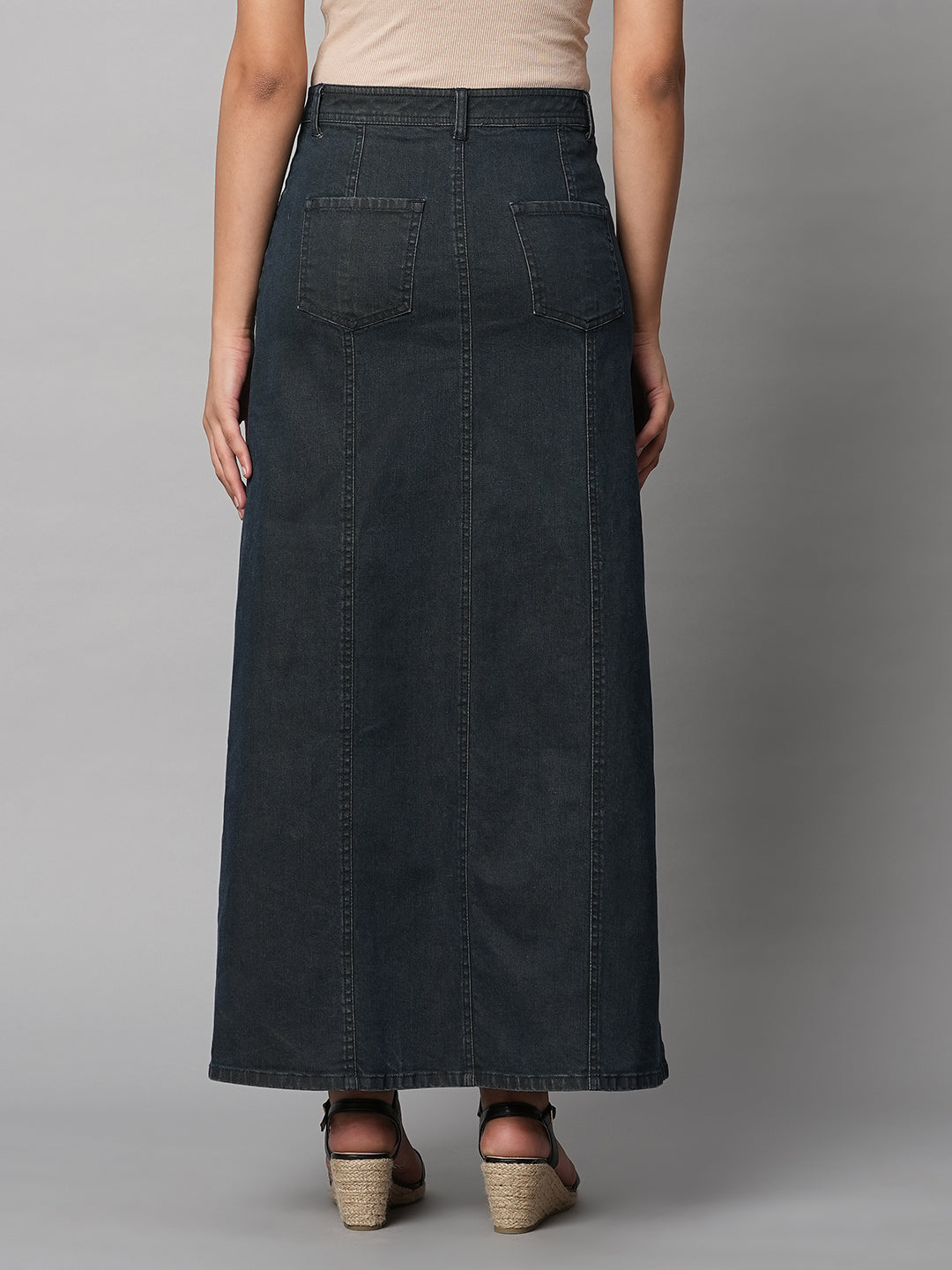 DIRTY WASH DENIM PANELLED A-LINE MAXI SKIRT