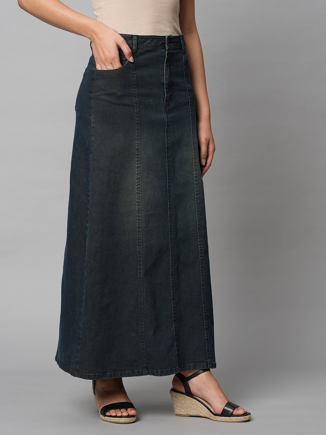 DIRTY WASH DENIM PANELLED A-LINE MAXI SKIRT