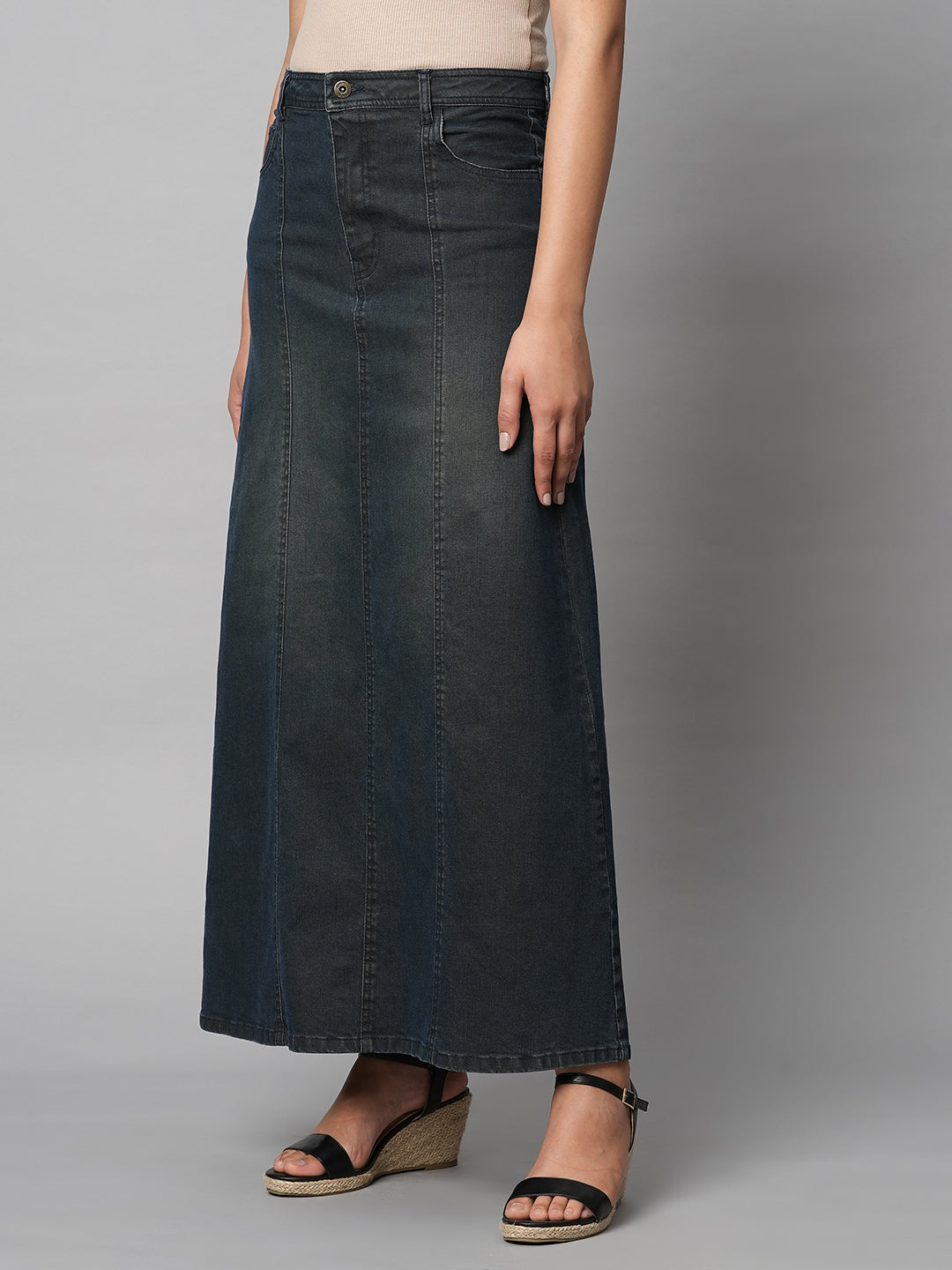DIRTY WASH DENIM PANELLED A-LINE MAXI SKIRT