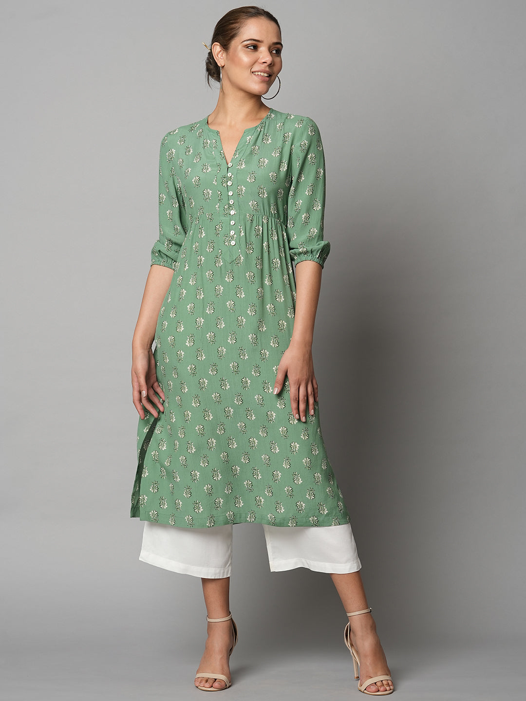 Butti Printed Viscose Crepe Basque Style Kurta & Wide Leg Pj Set