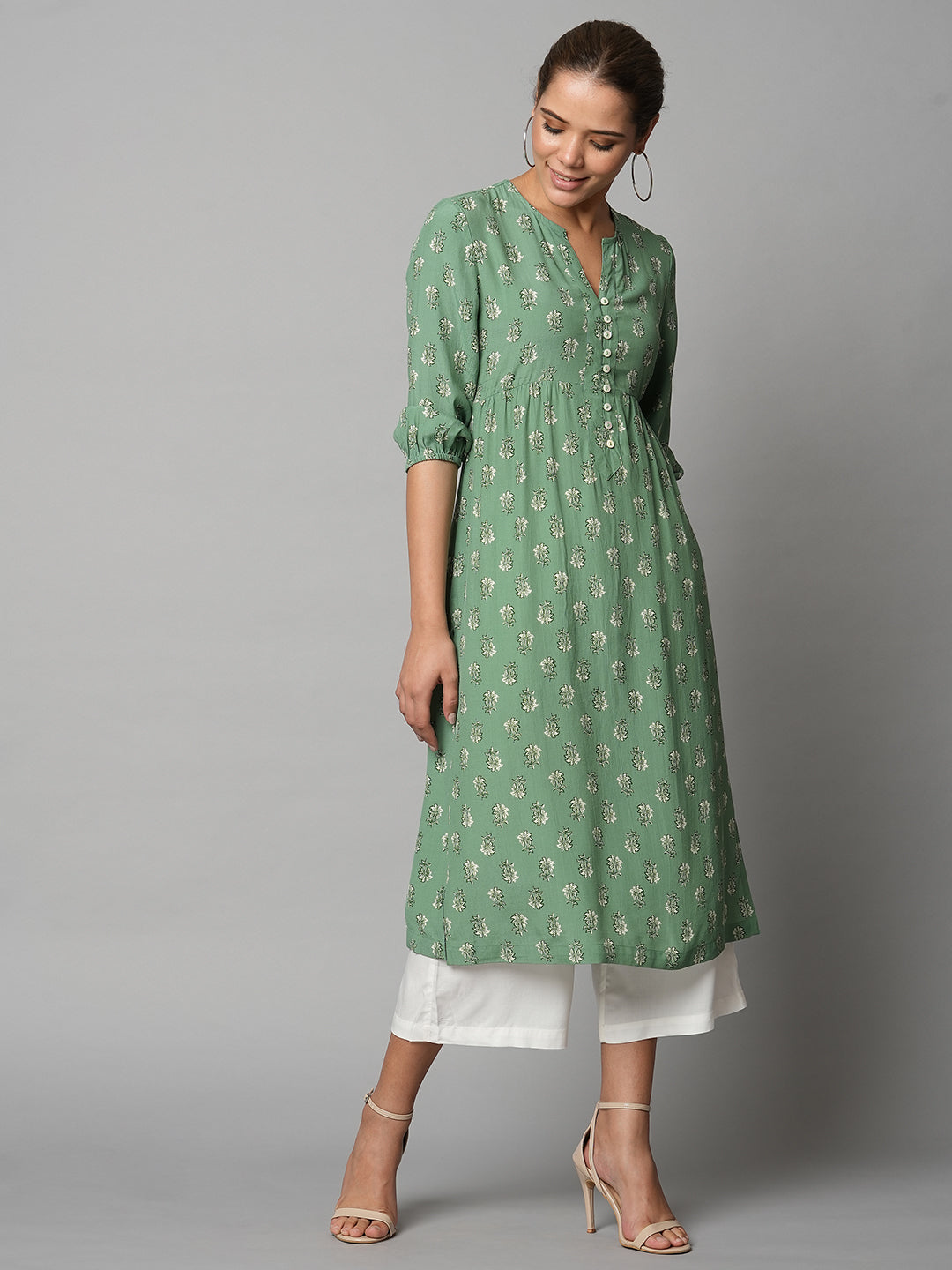 Butti Printed Viscose Crepe Basque Style Kurta & Wide Leg Pj Set