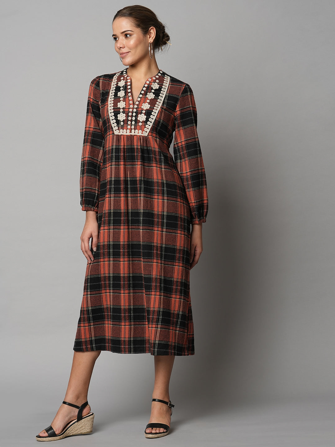 Brushed Flannel Embroidered Tunic Dress W/ Back Tie Up