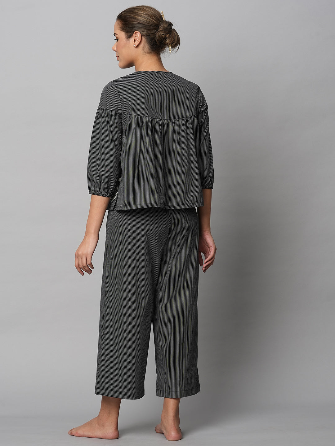Cotton Striped Embroidered Swing Top And Wide Leg Lounge Set