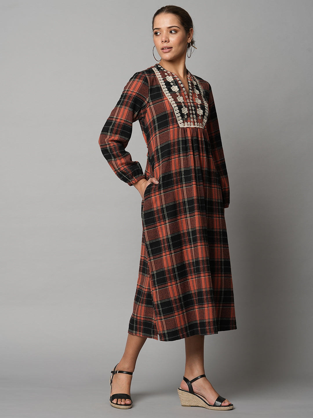 Brushed Flannel Embroidered Tunic Dress W/ Back Tie Up