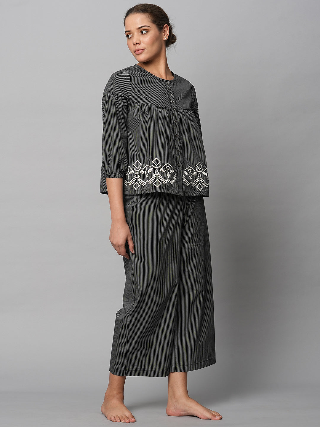 Cotton Striped Embroidered Swing Top And Wide Leg Lounge Set