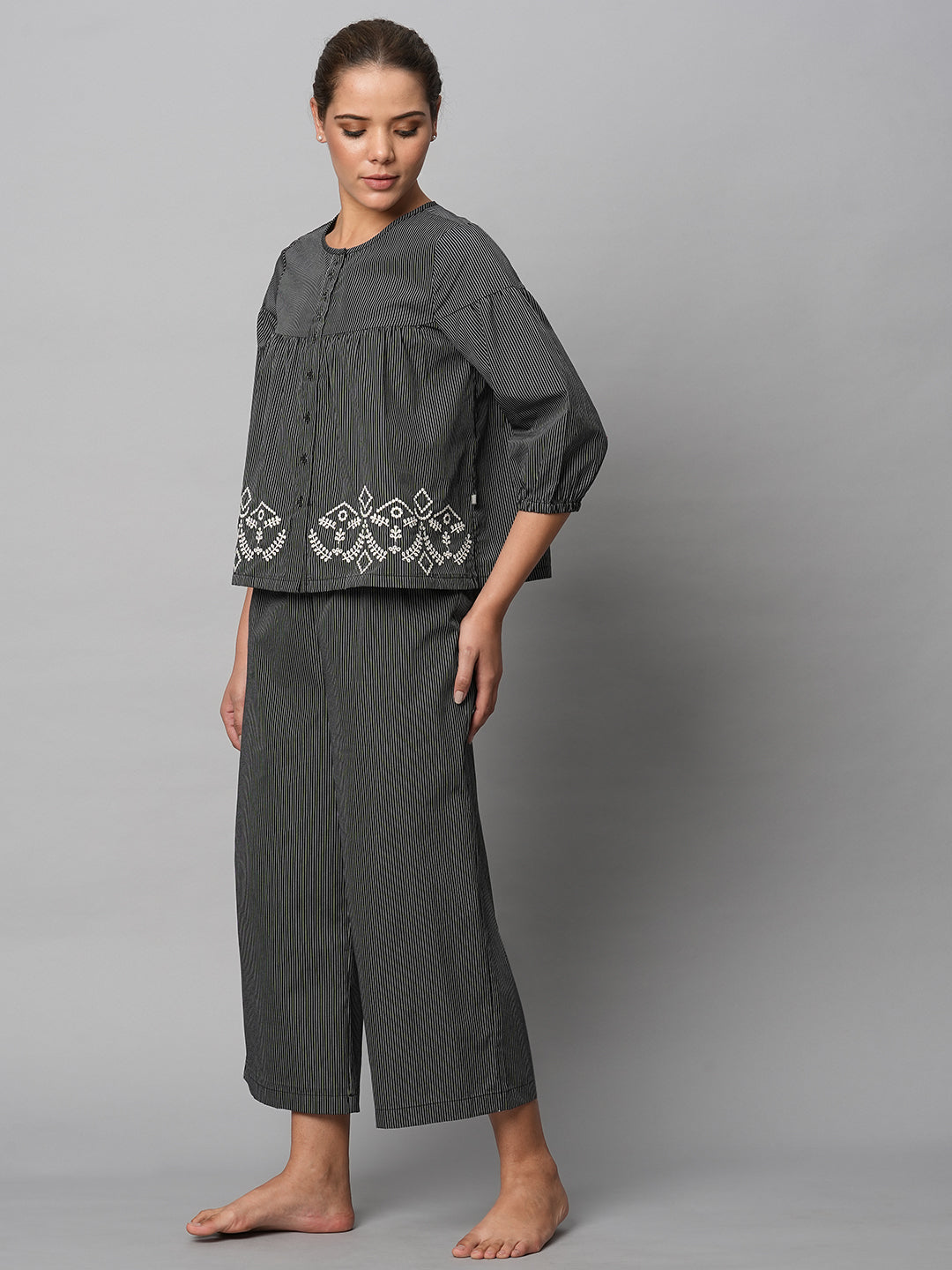 Cotton Striped Embroidered Swing Top And Wide Leg Lounge Set