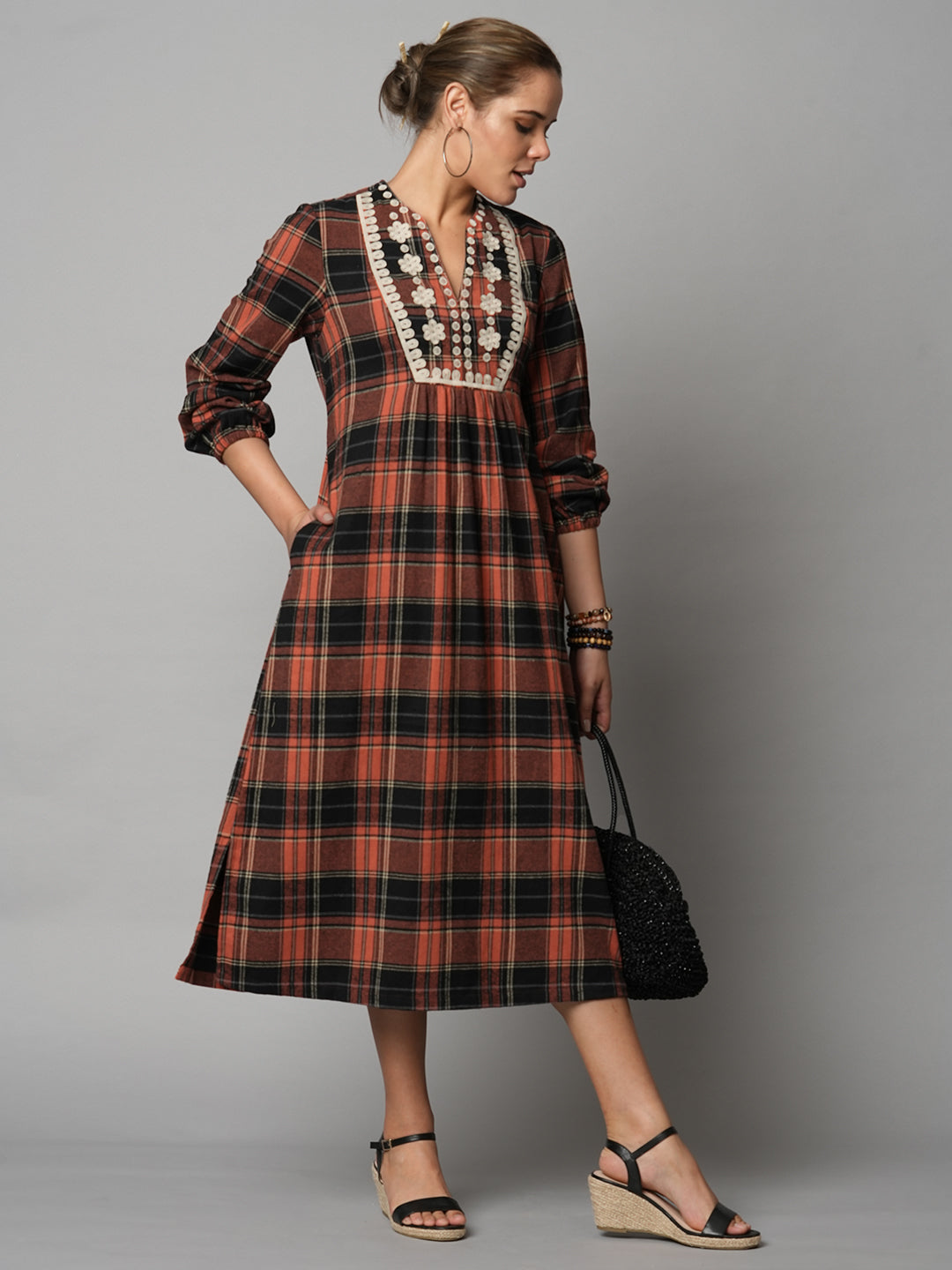 Brushed Flannel Embroidered Tunic Dress W/ Back Tie Up