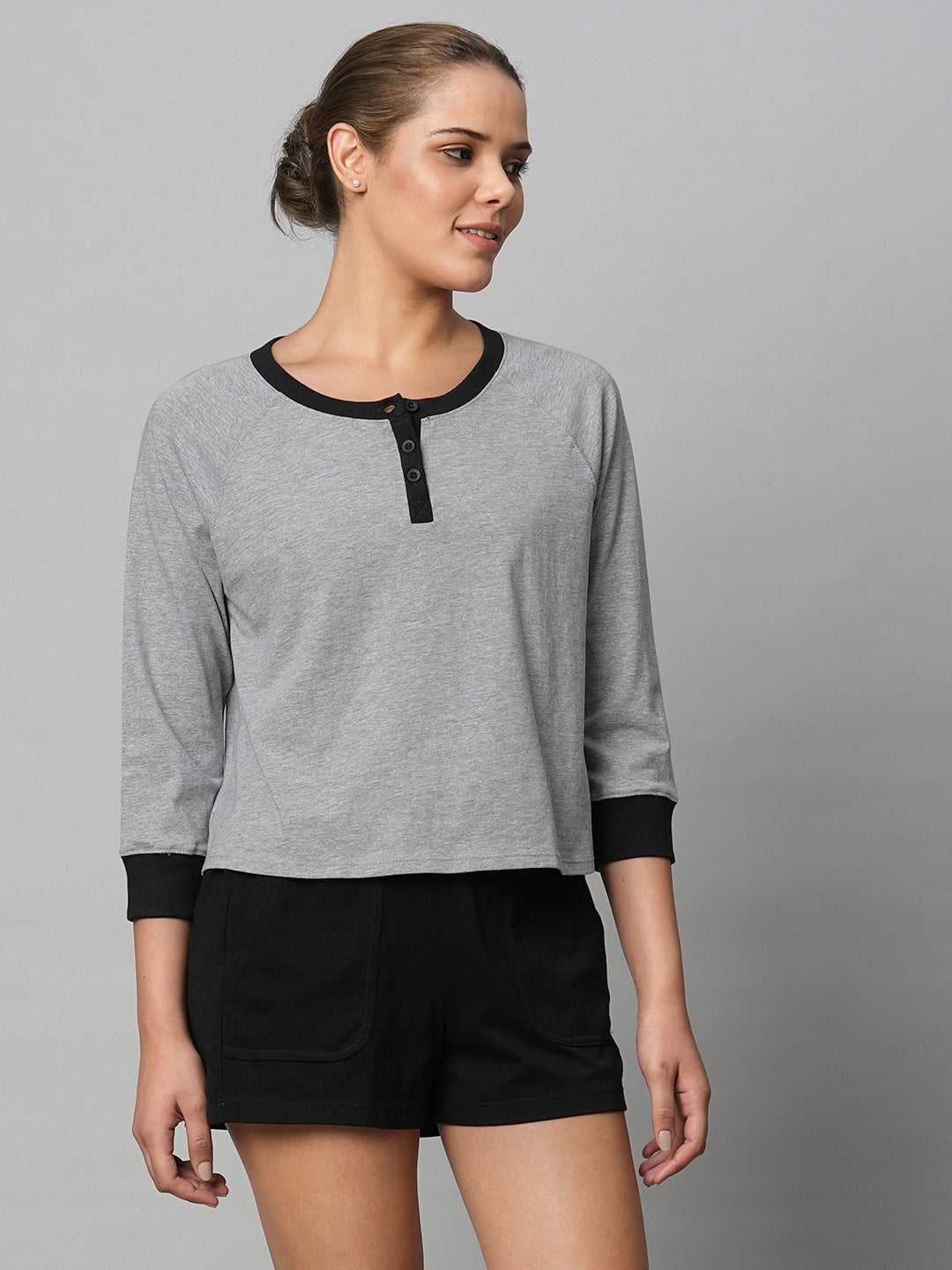 Colour Blocked Cotton Jersey Henley Tee W/ Shorts Set