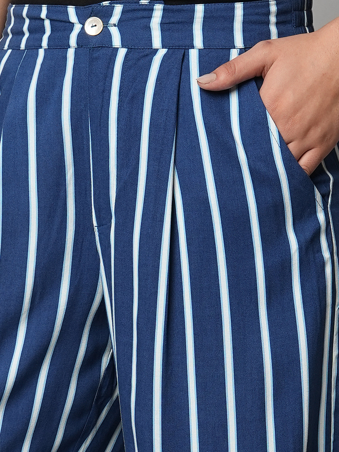 Rayon Striped Pleated Straight Leg Fluid Trousers