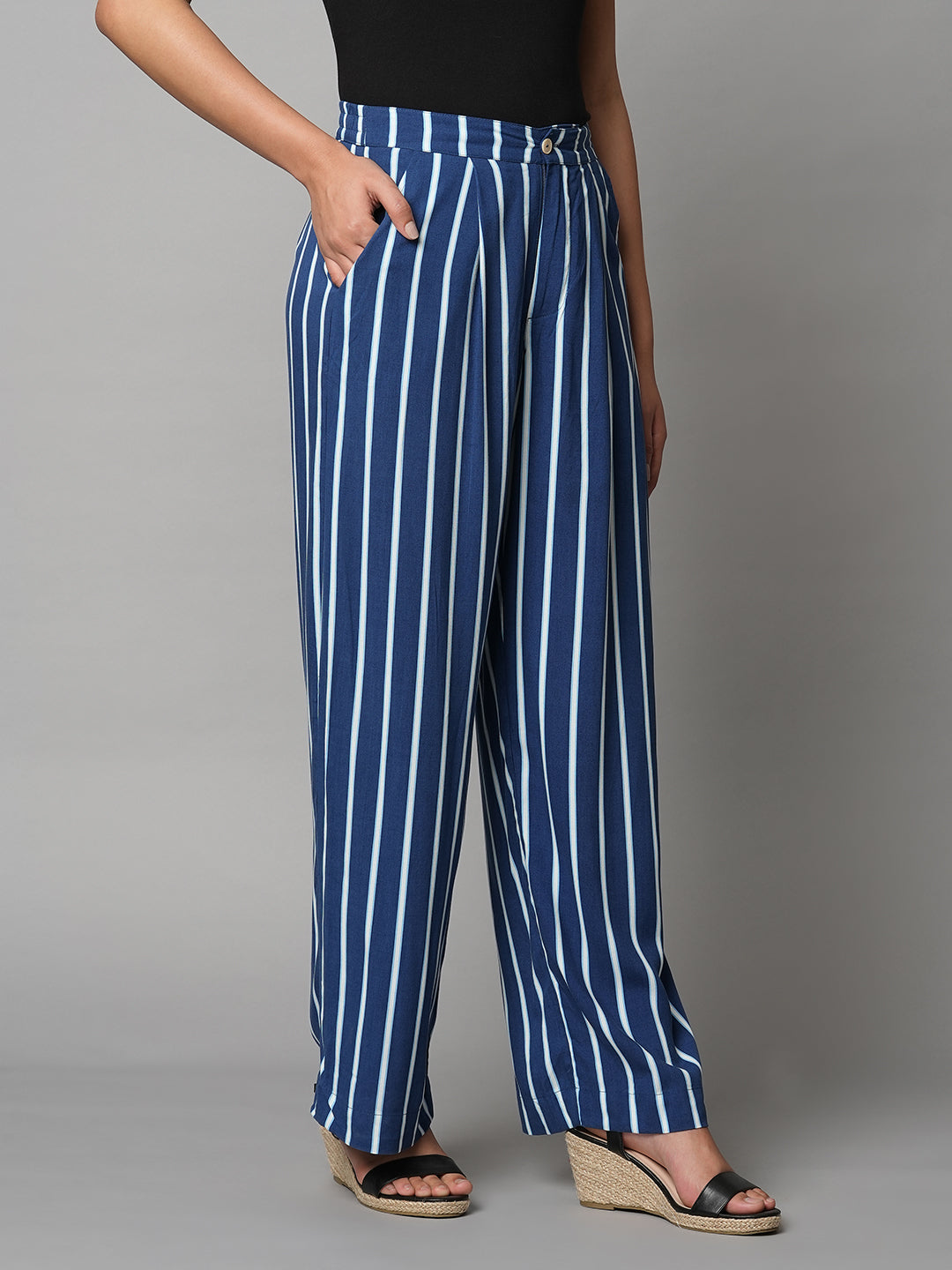 Rayon Striped Pleated Straight Leg Fluid Trousers
