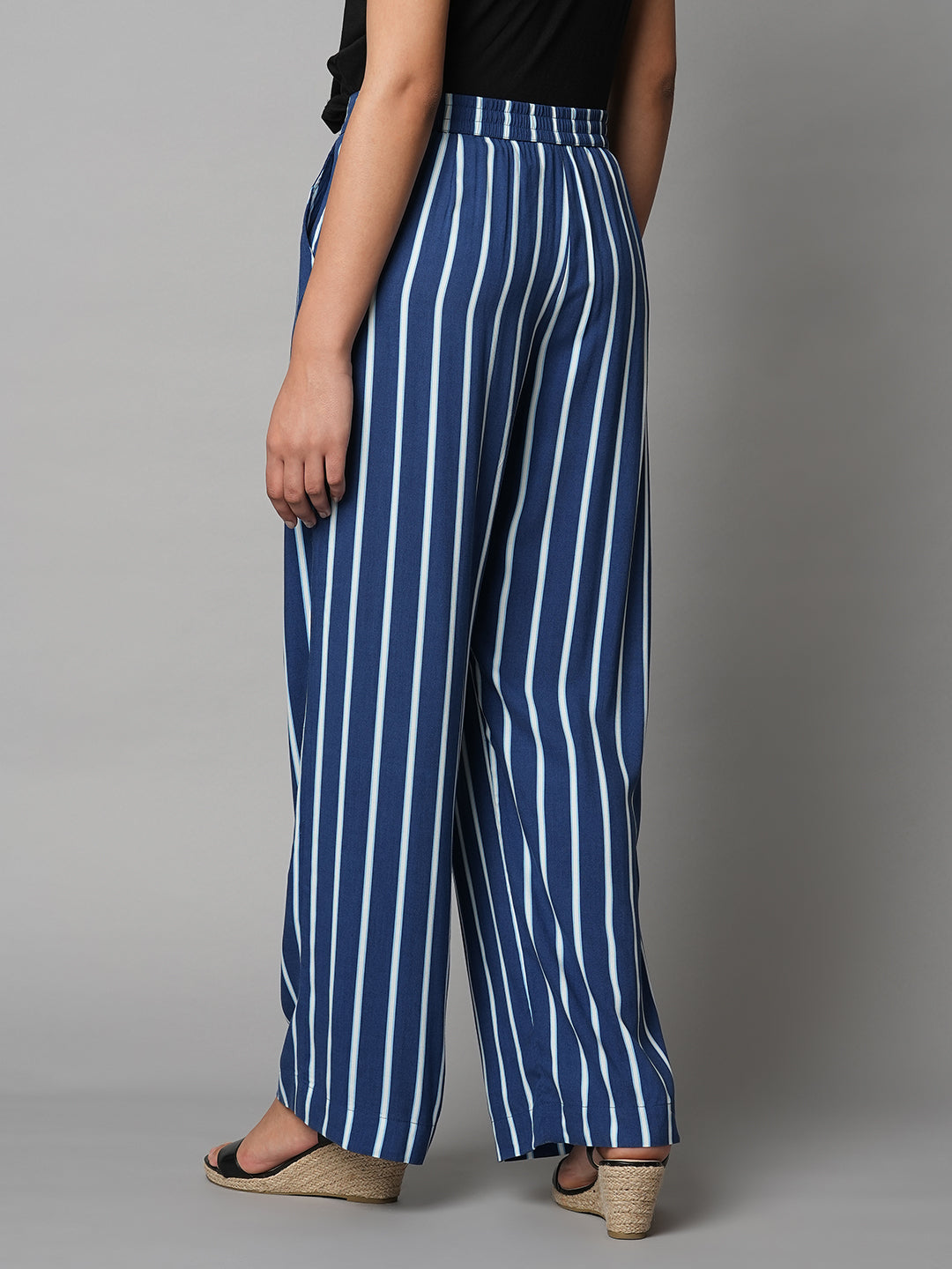 Rayon Striped Pleated Straight Leg Fluid Trousers