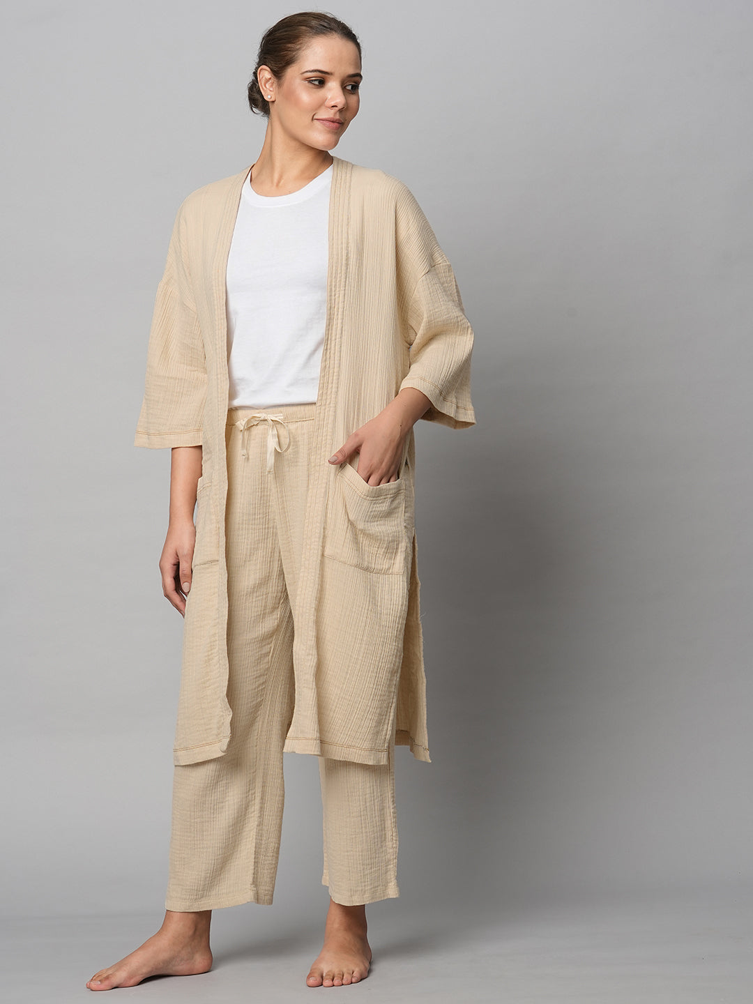 Crinkle Double Crepe Cotton Pj'S & Robe Set W/ Cotton Jersey Tee