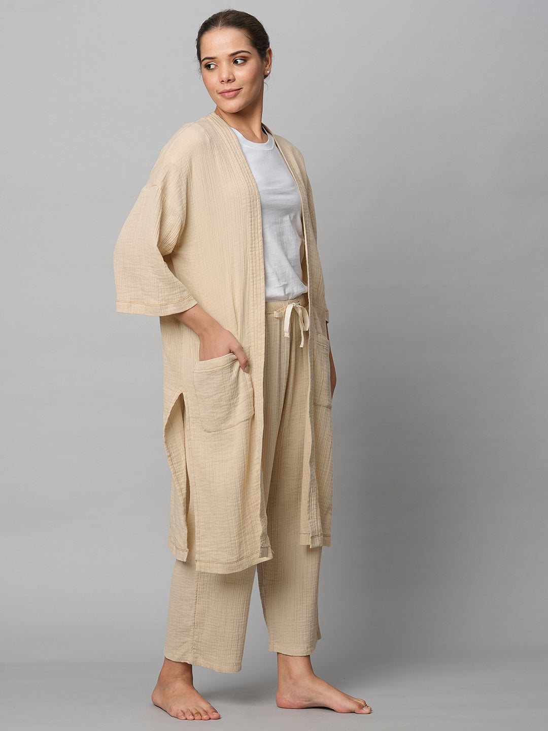 Crinkle Double Crepe Cotton Pj'S & Robe Set W/ Cotton Jersey Tee