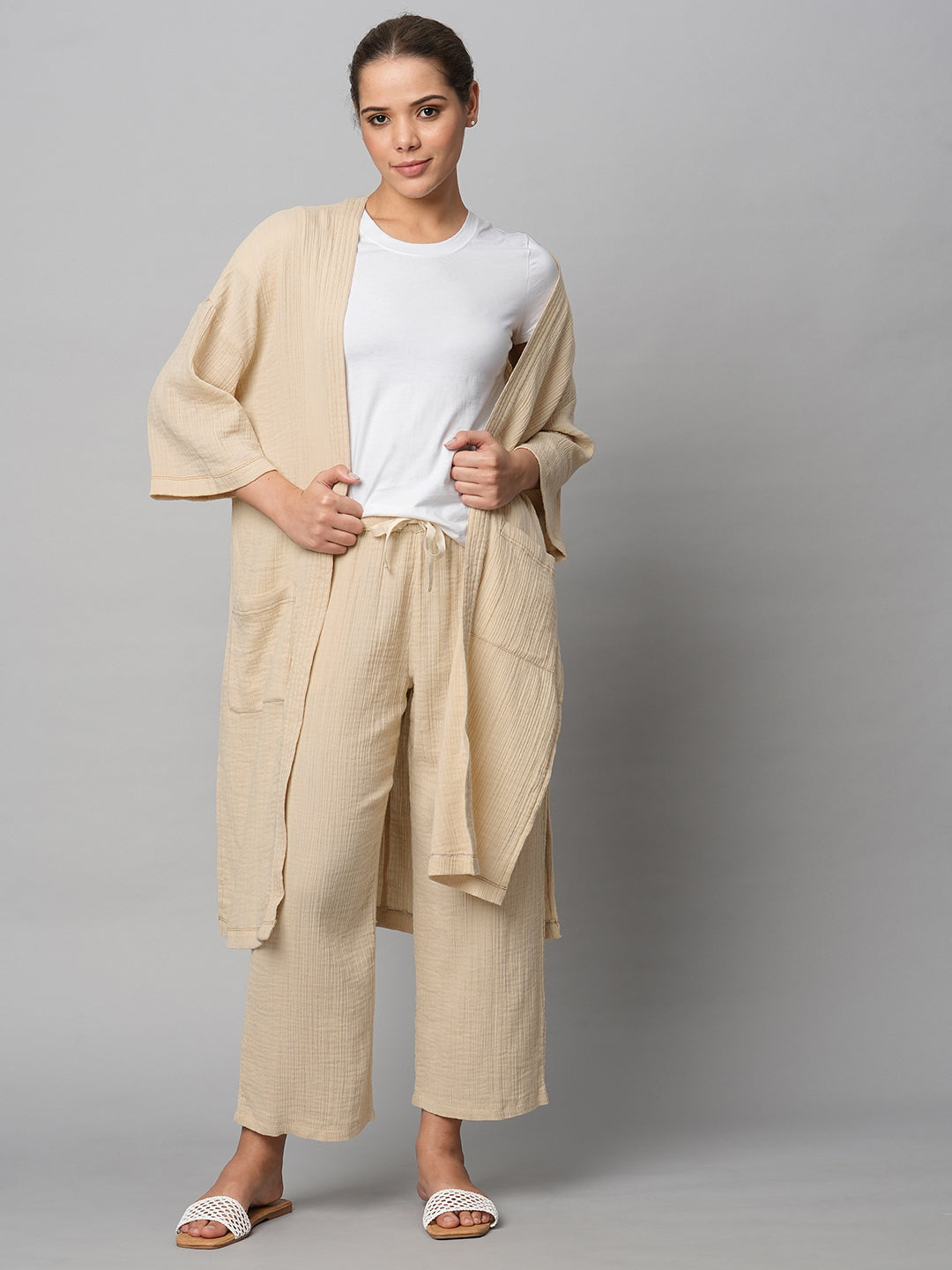 Crinkle Double Crepe Cotton Pj'S & Robe Set W/ Cotton Jersey Tee
