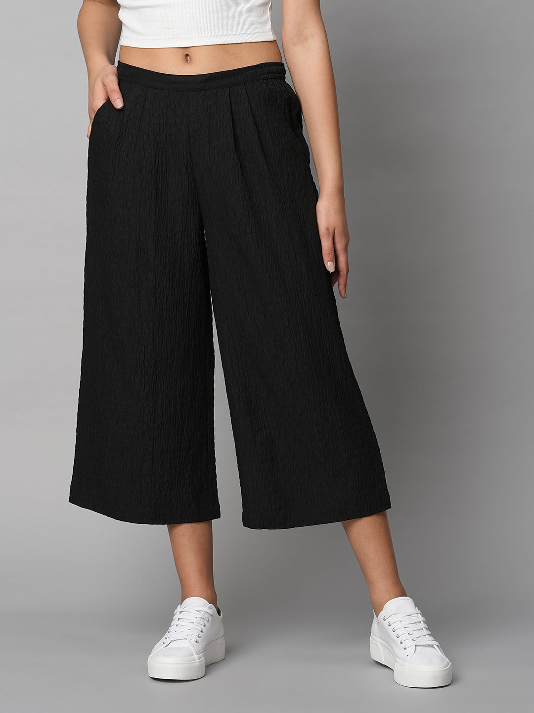 Textured Poly Slip On Cropped Cullotes