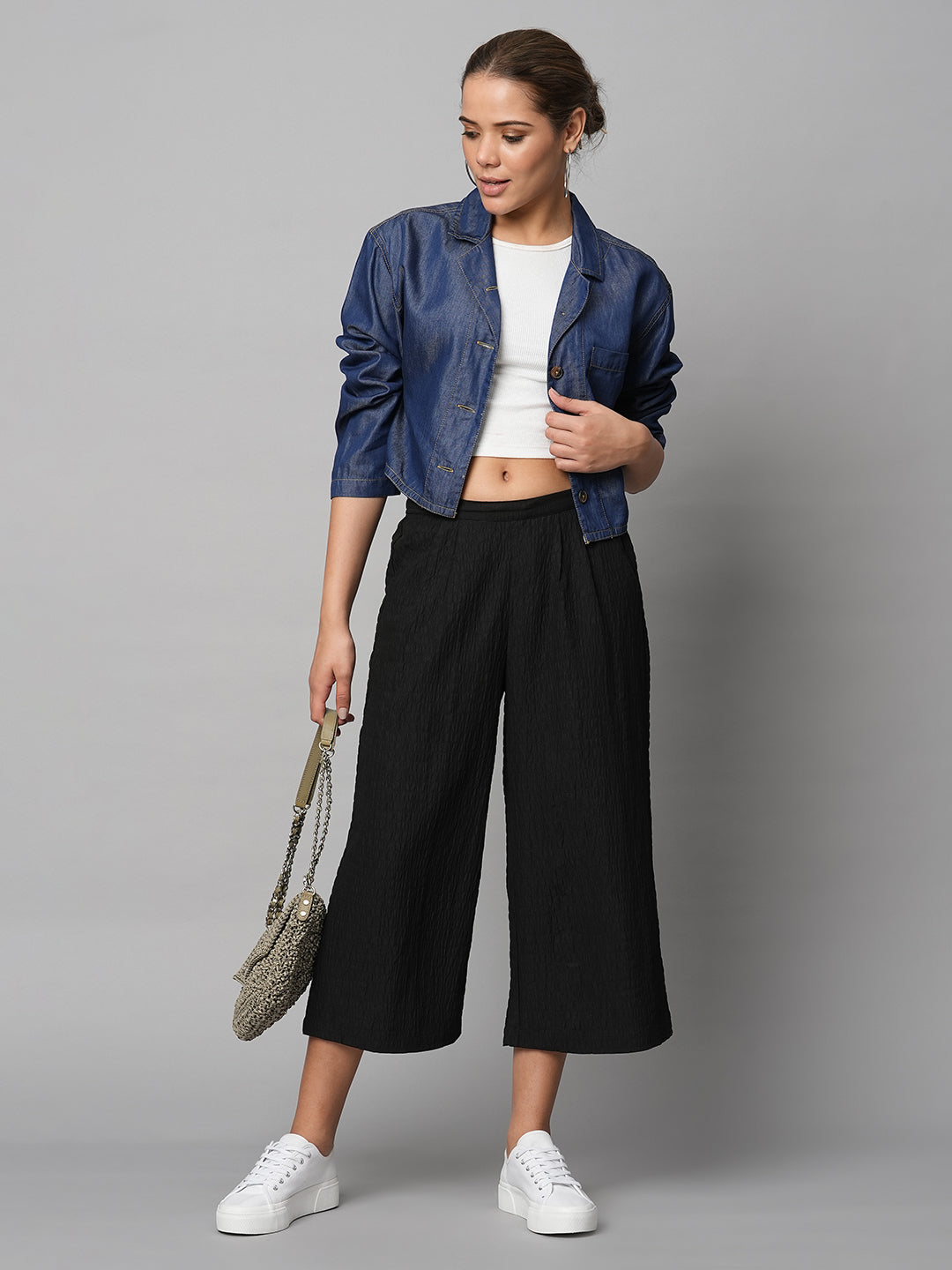 Textured Poly Slip On Cropped Cullotes