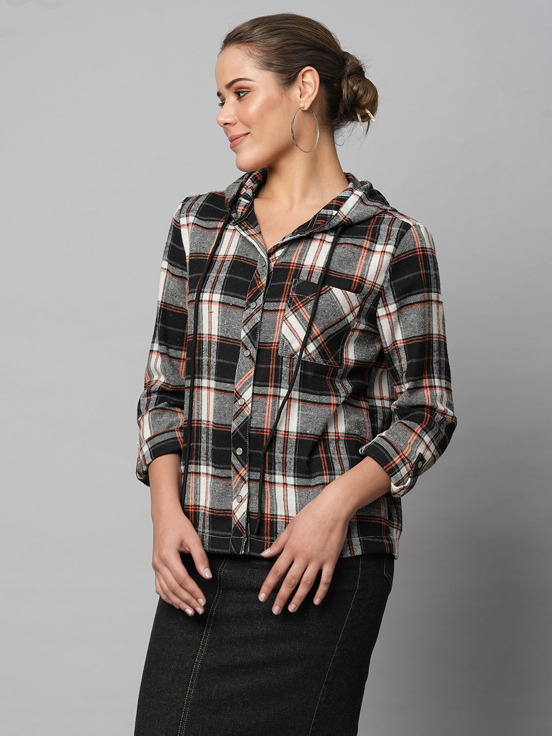 Brushed Flannel Plaid Shirt With Hood