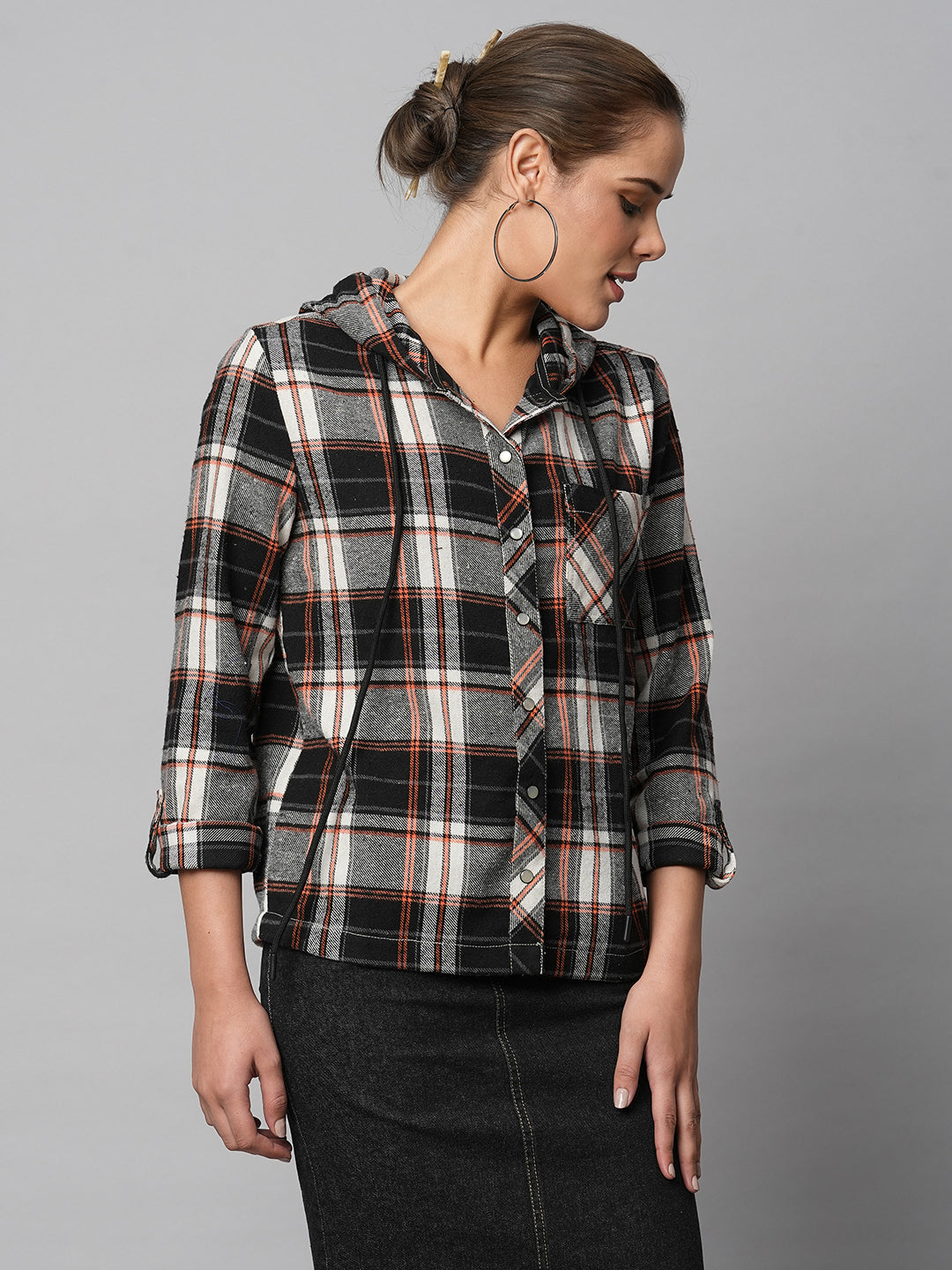 Brushed Flannel Plaid Shirt With Hood