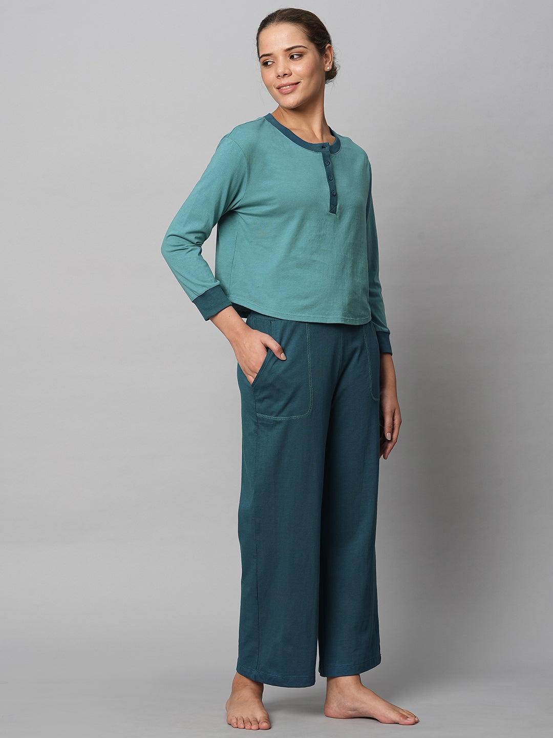 Colour Blocked Cotton Jersey Henley Tee W/ Pj Set