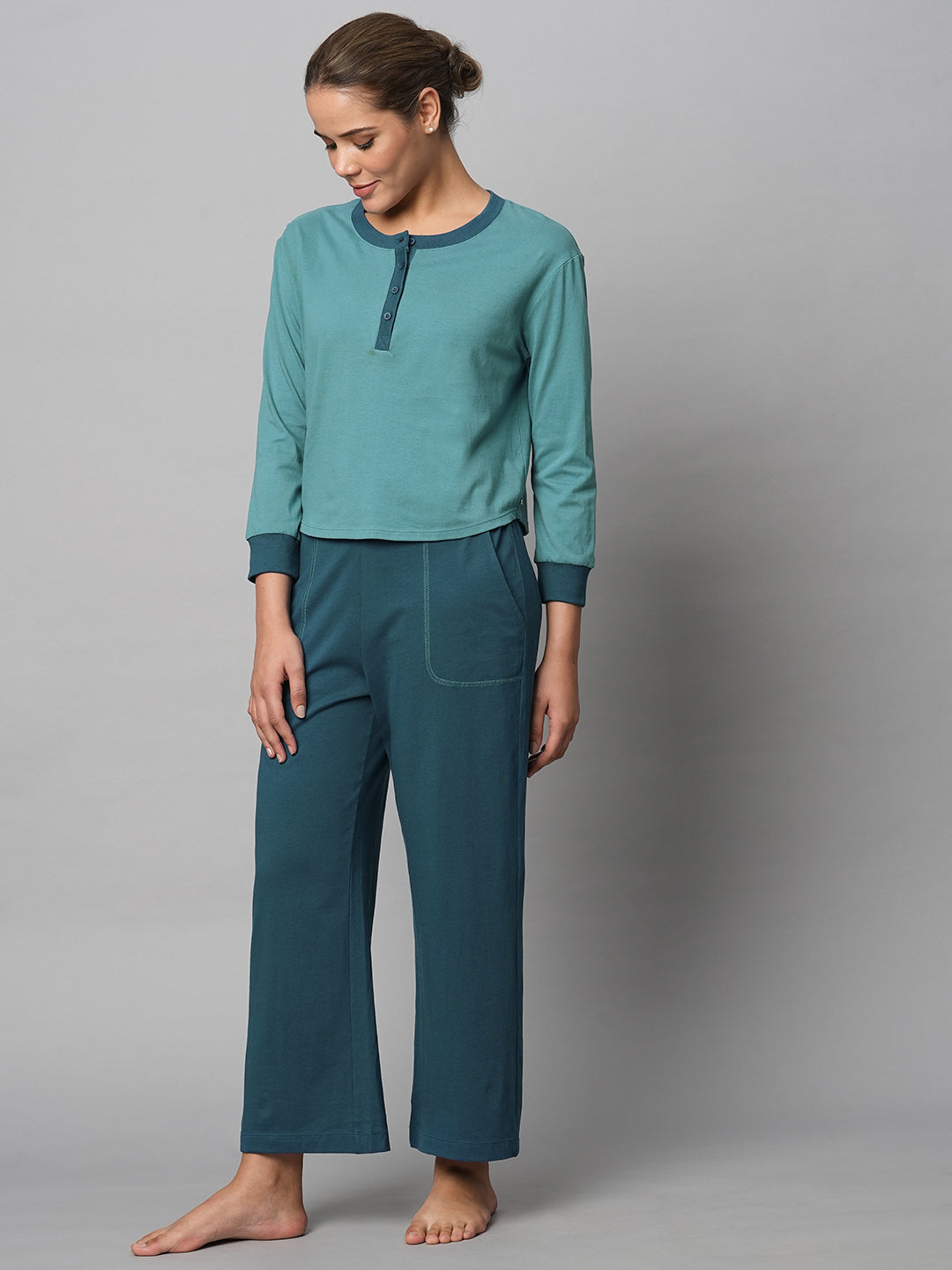 Colour Blocked Cotton Jersey Henley Tee W/ Pj Set
